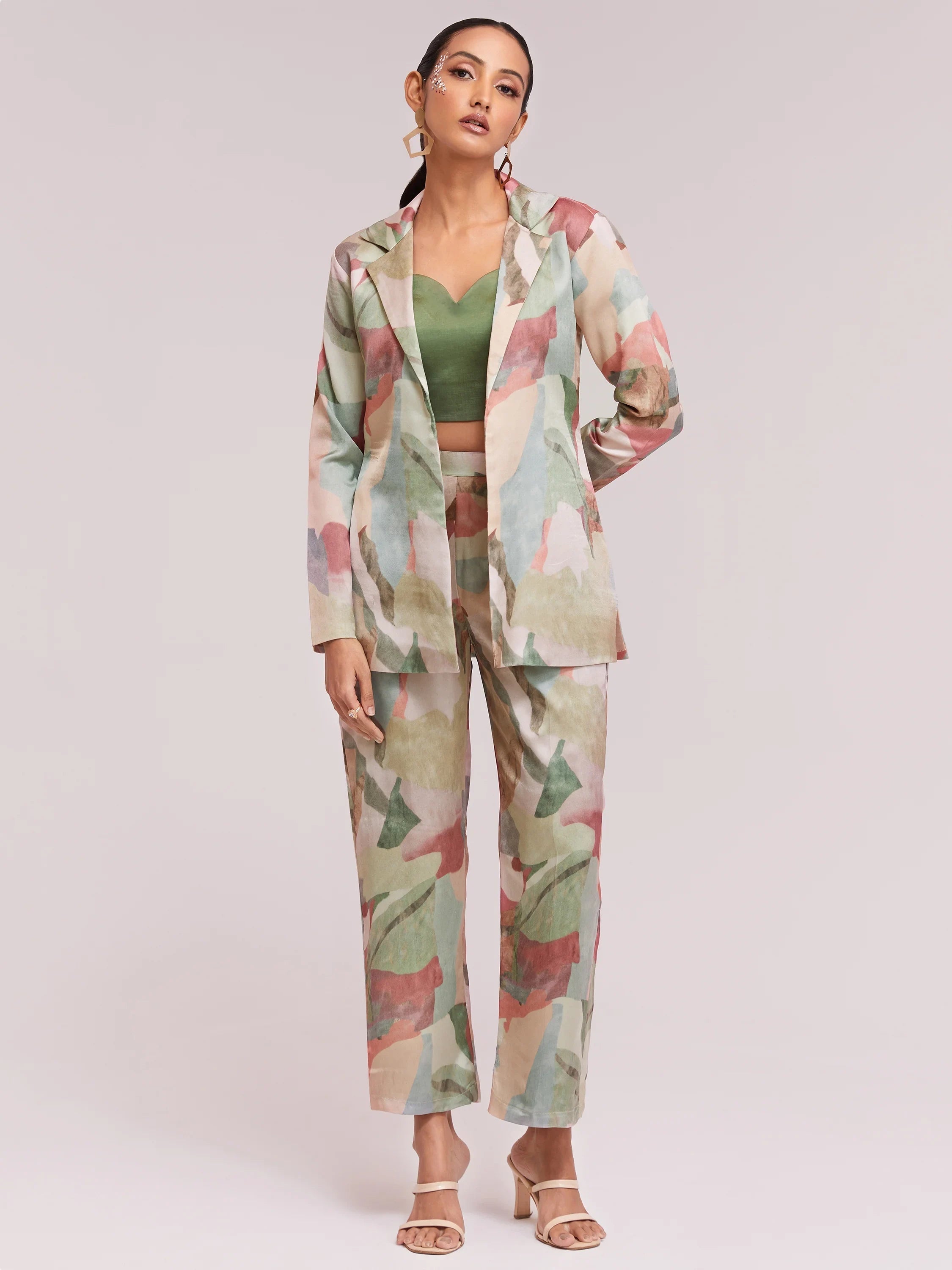 Multi-Color Satin Stylist Crop Top And Pant With Blazer
