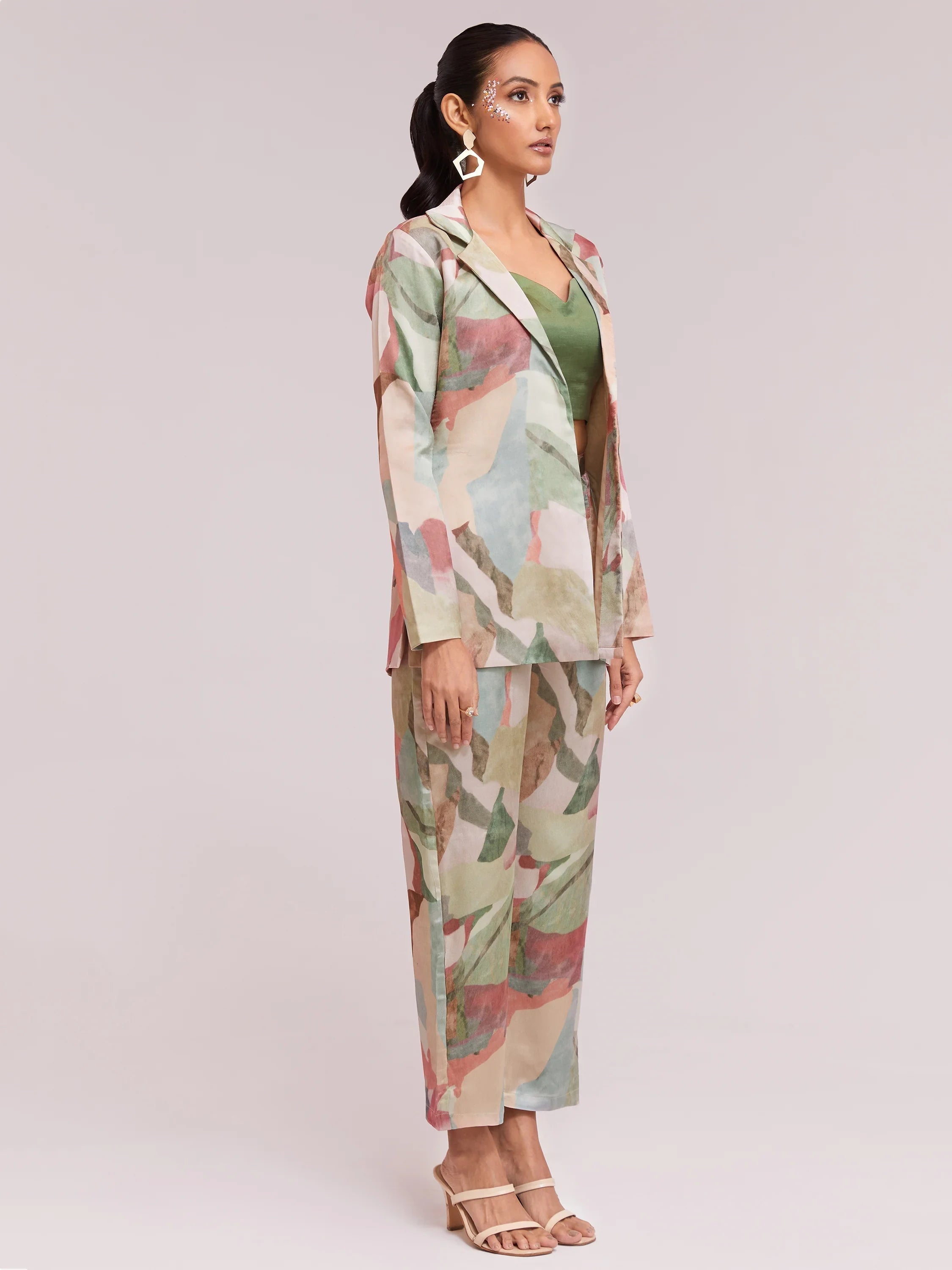 Multi-Color Satin Stylist Crop Top And Pant With Blazer