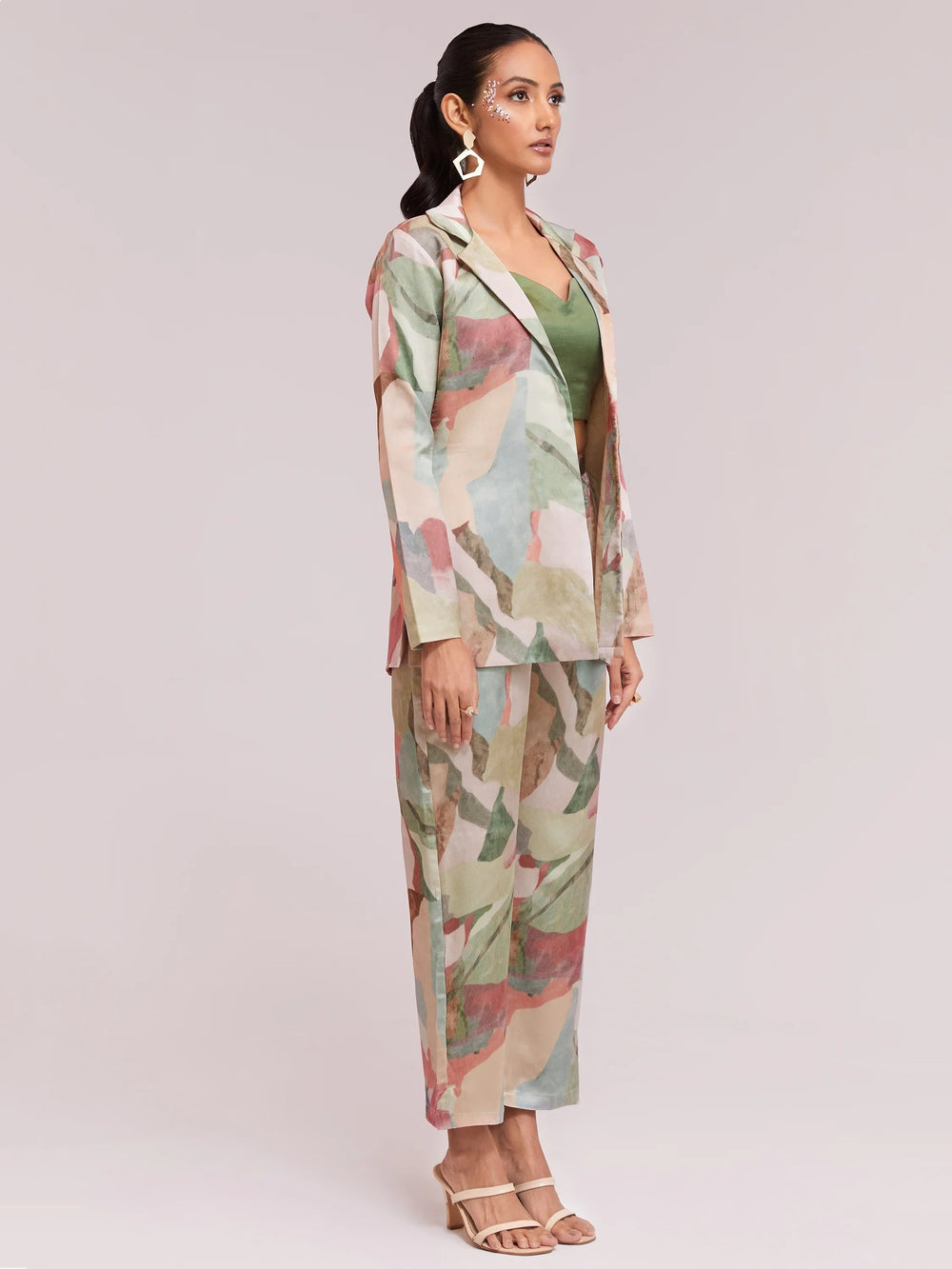 Multi-Color Satin Stylist Crop Top And Pant With Blazer
