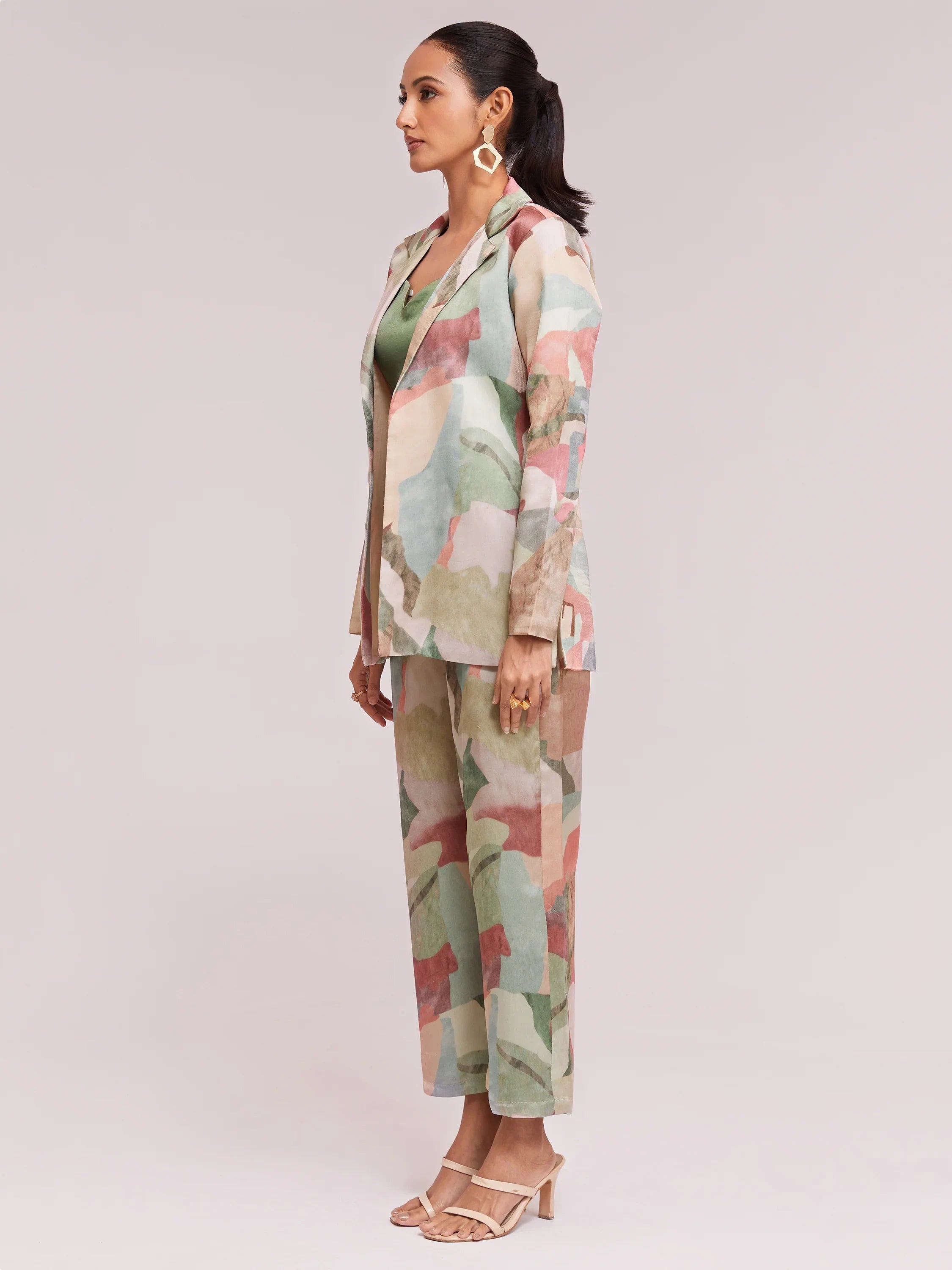 Multi-Color Satin Stylist Crop Top And Pant With Blazer
