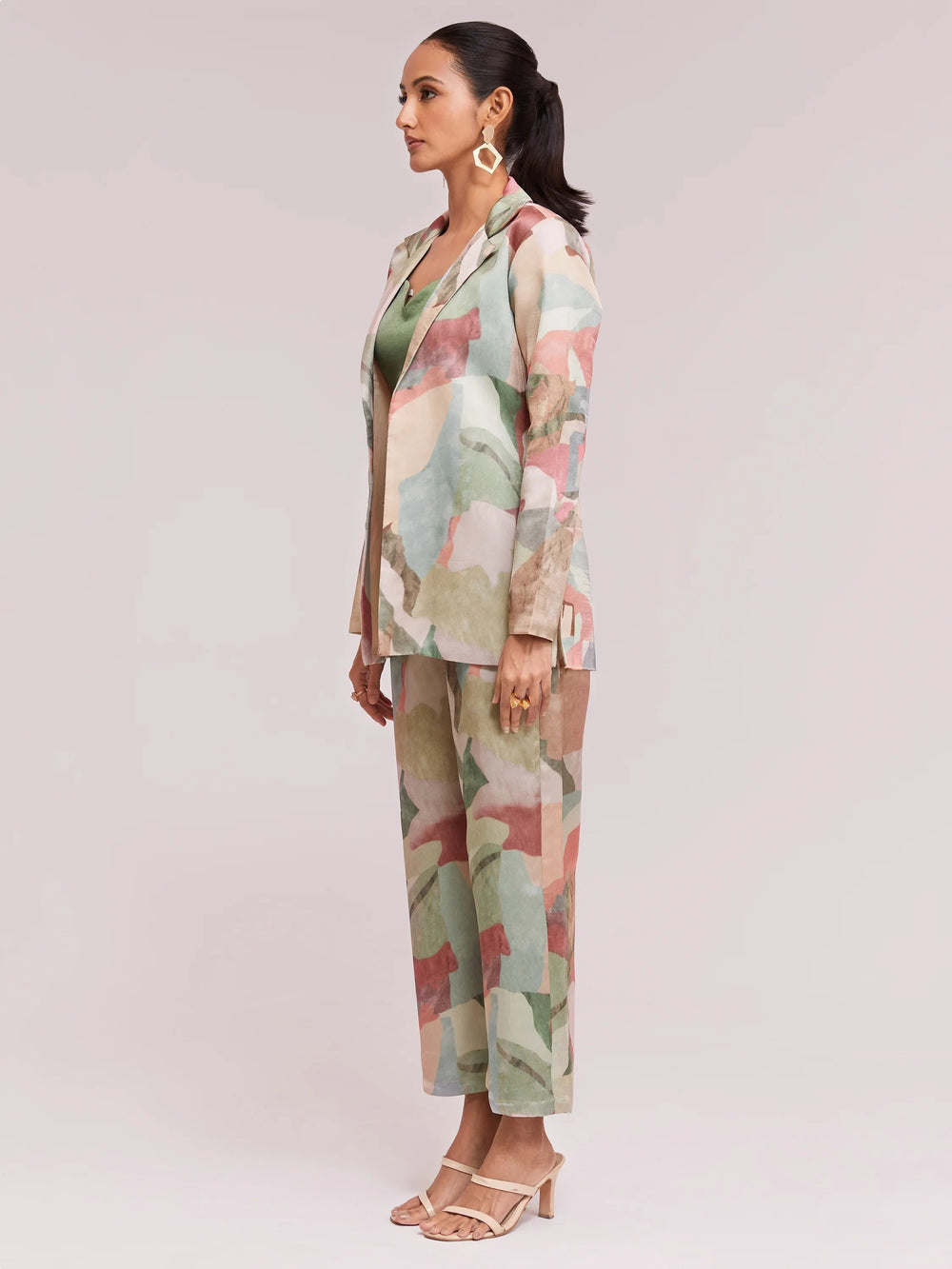 Multi-Color Satin Stylist Crop Top And Pant With Blazer