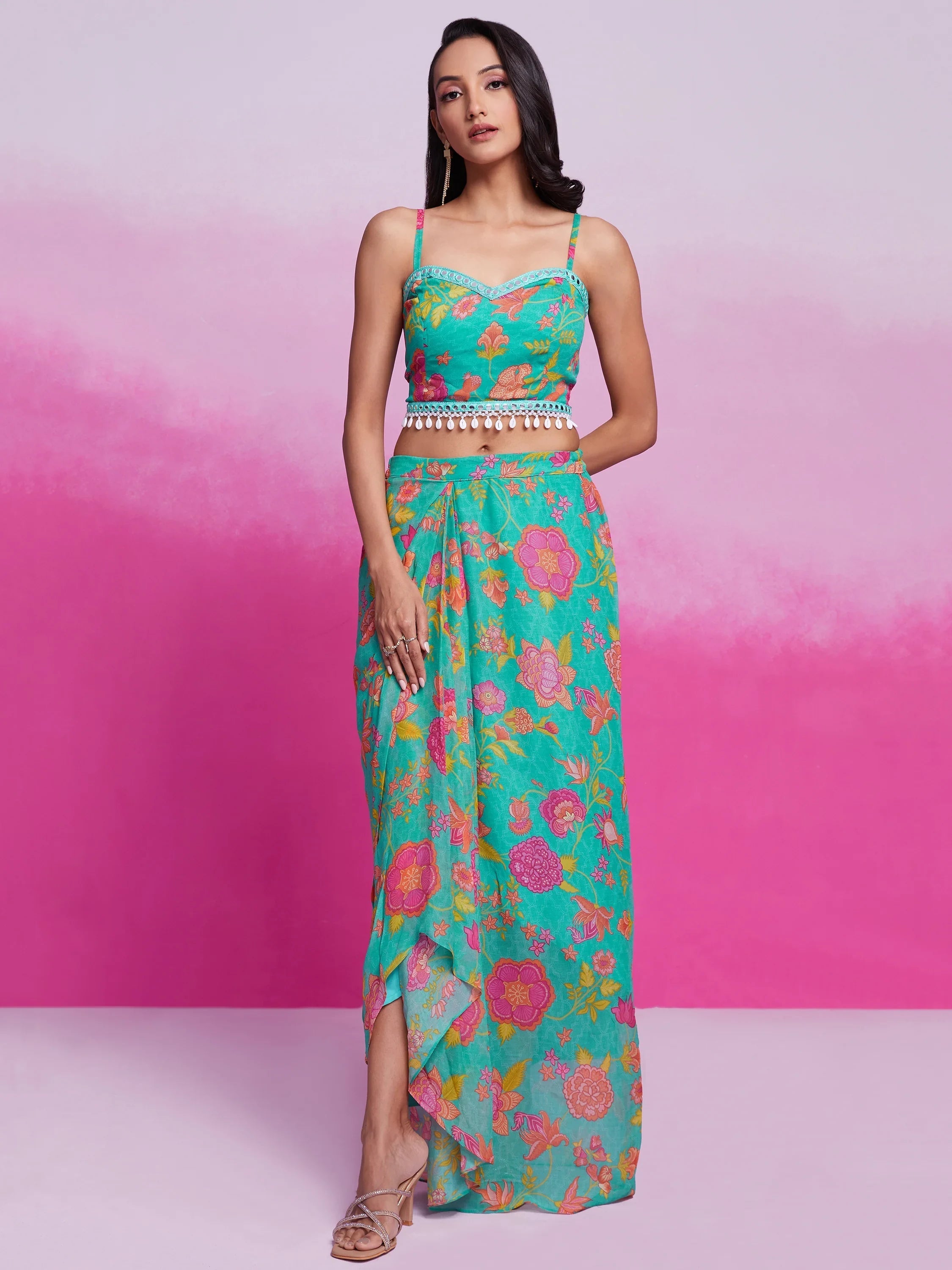 Turquoise Digital Printed Organza Party Wear Crop Top Palazzo