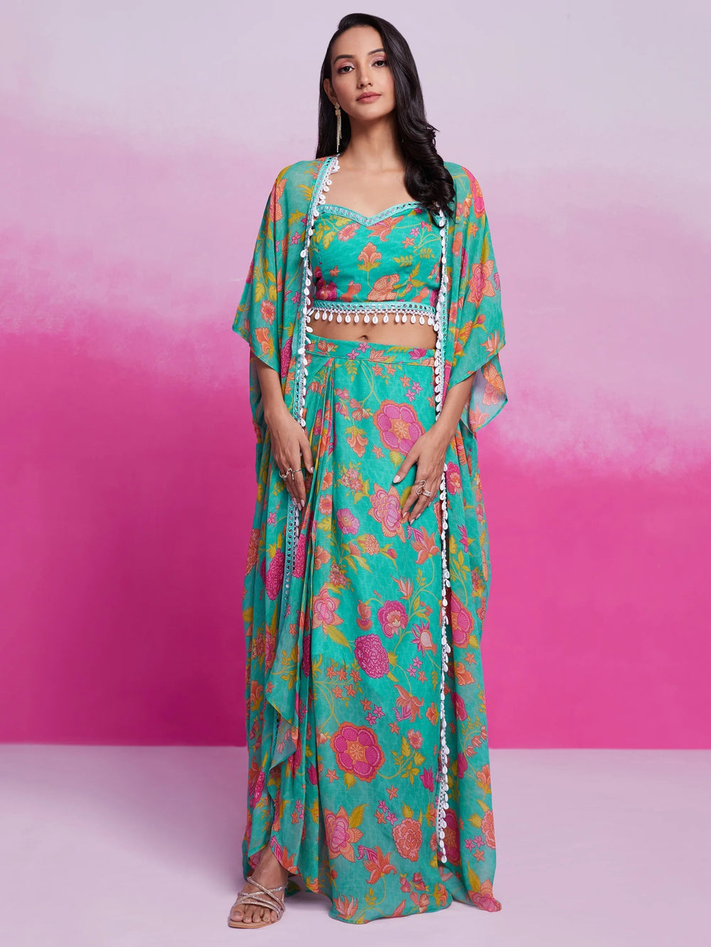 Turquoise Digital Printed Organza Party Wear Crop Top Palazzo