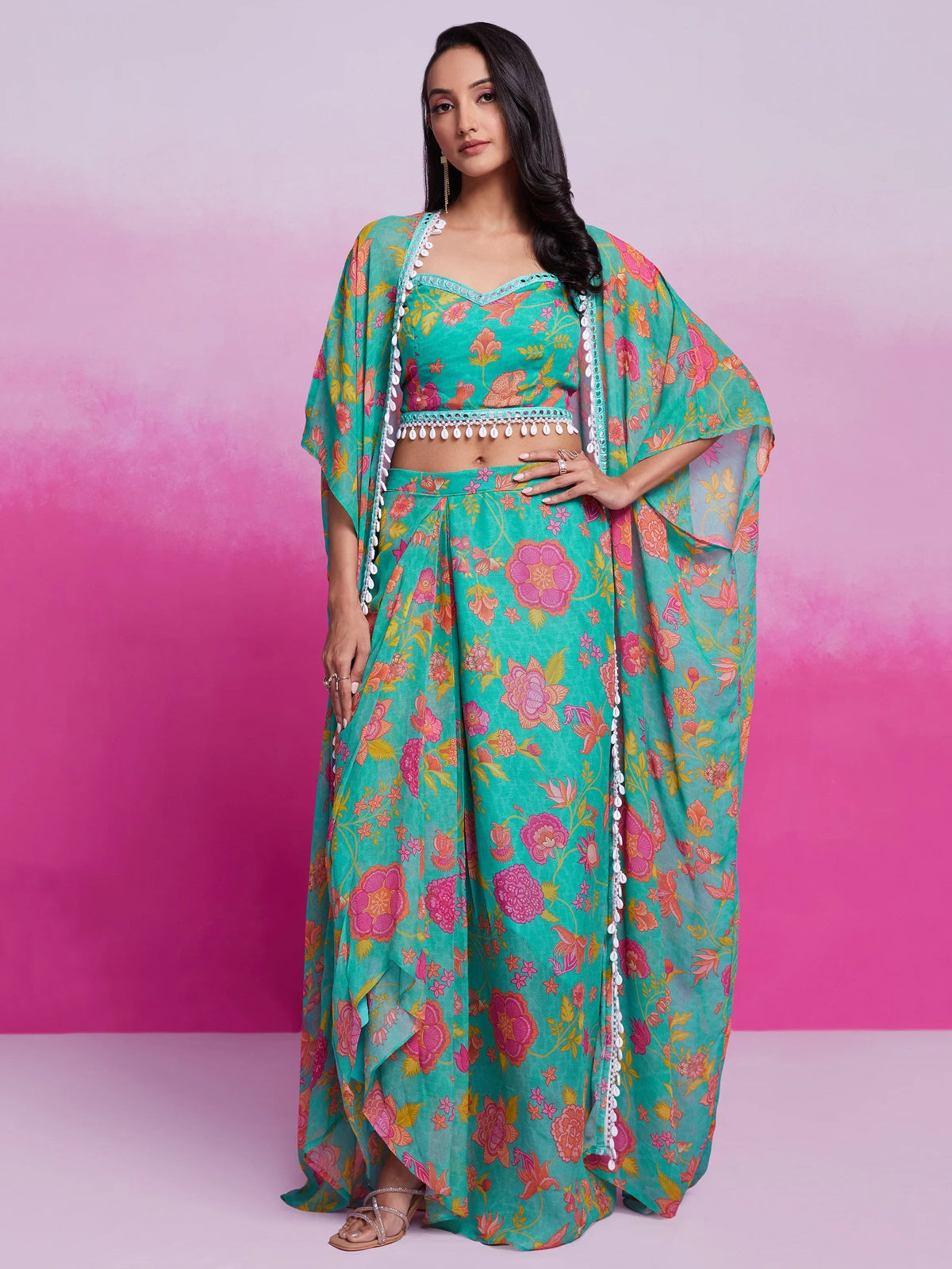 Turquoise Digital Printed Organza Party Wear Crop Top Palazzo