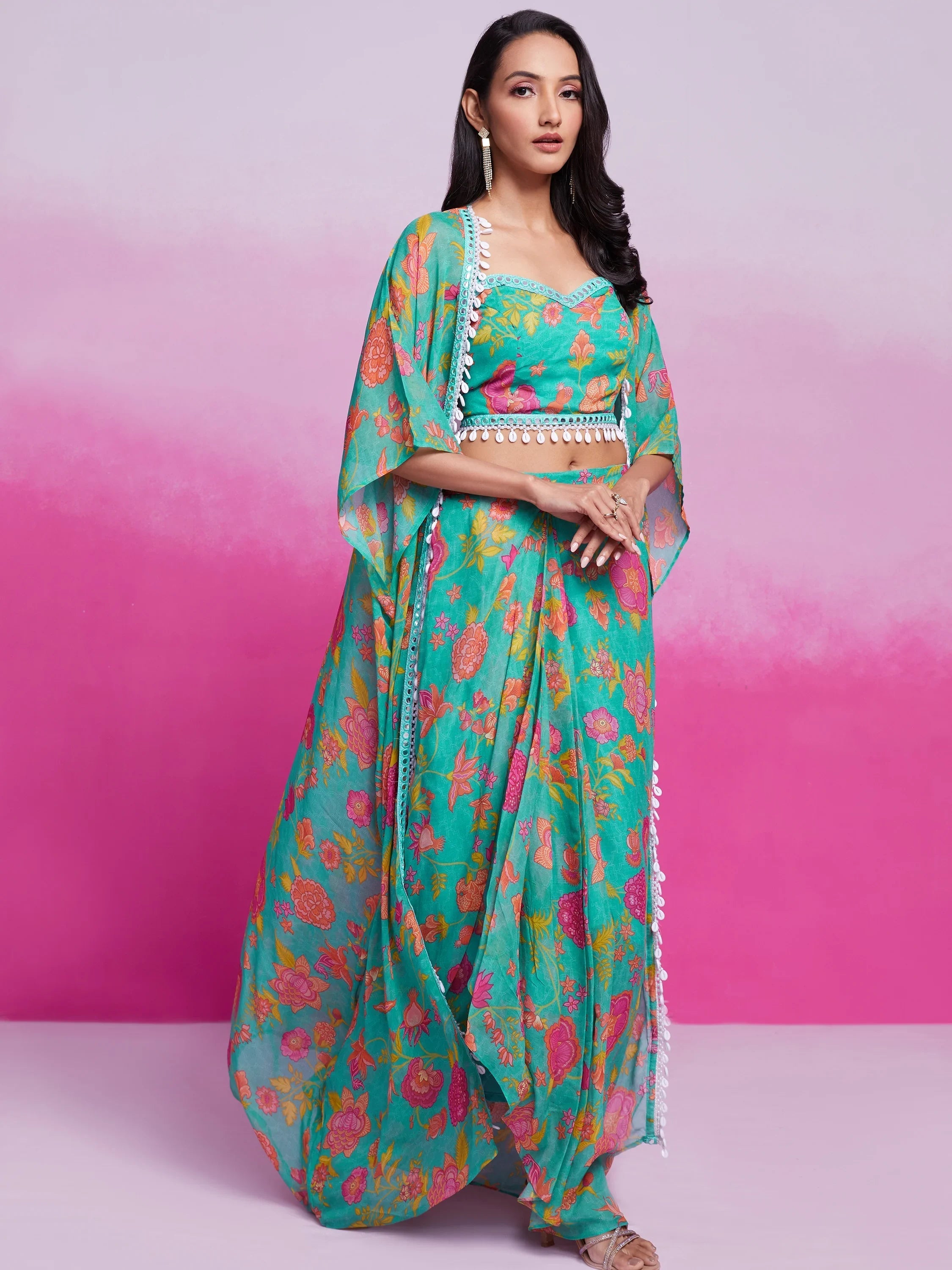 Turquoise Digital Printed Organza Party Wear Crop Top Palazzo