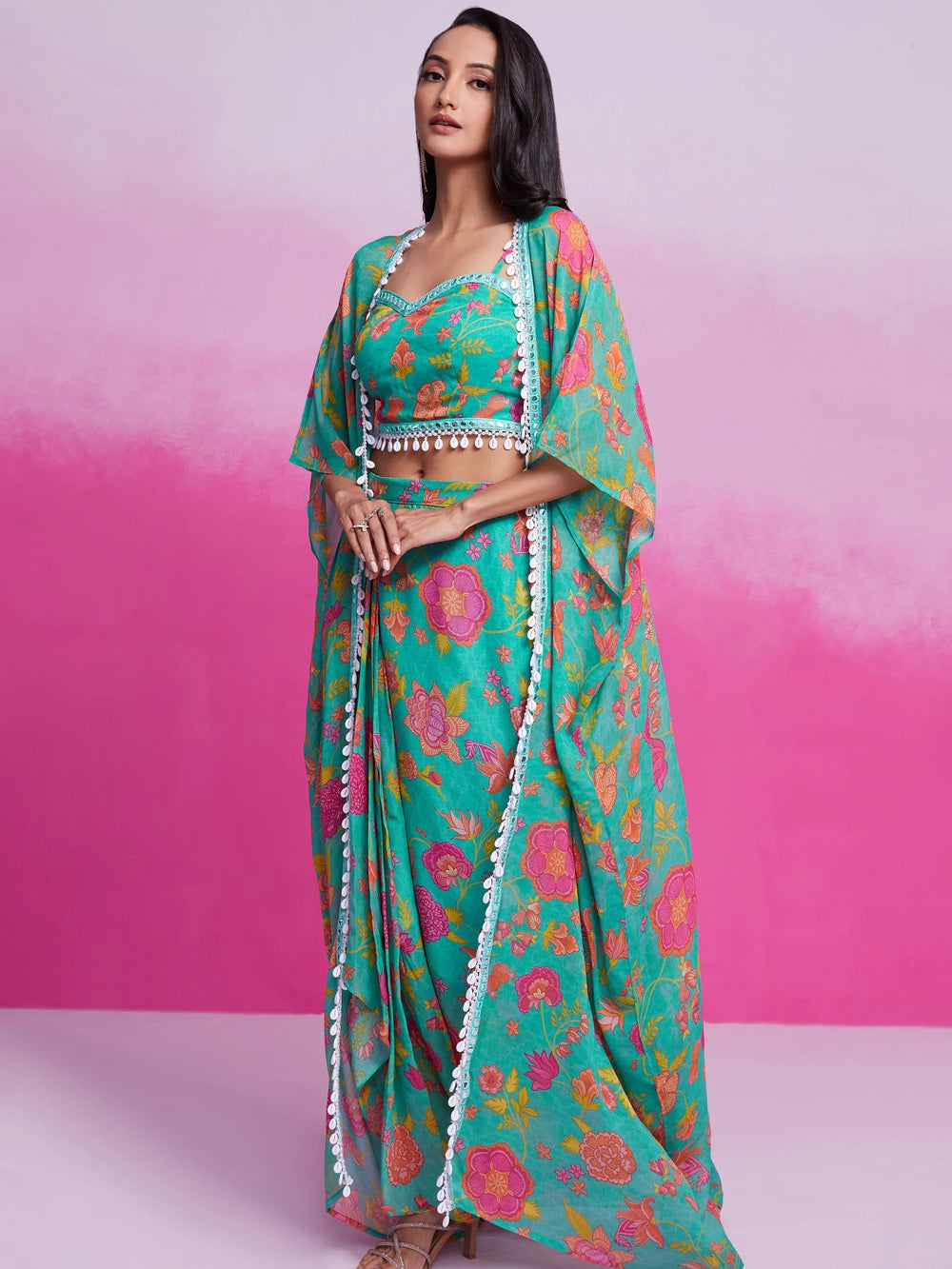 Turquoise Digital Printed Organza Party Wear Crop Top Palazzo