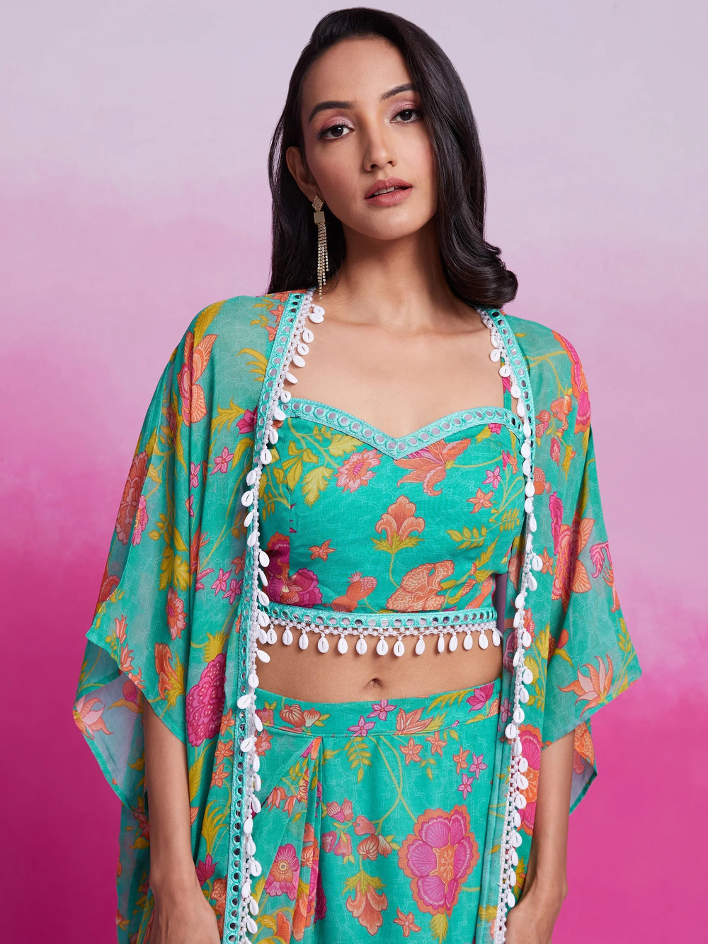 Turquoise Digital Printed Organza Party Wear Crop Top Palazzo