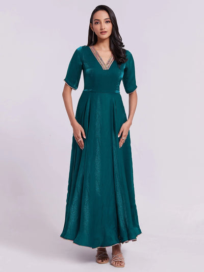 Excellent Teal Blue Lace Work Organza Festival Wear Gown for Women