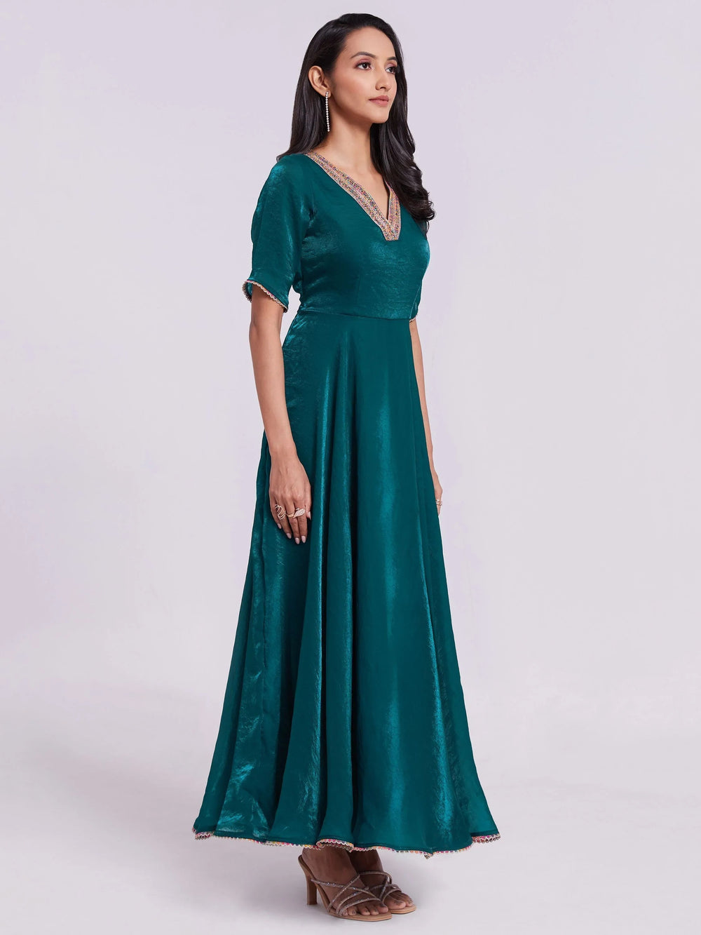 Excellent Teal Blue Lace Work Organza Festival Wear Gown for Women