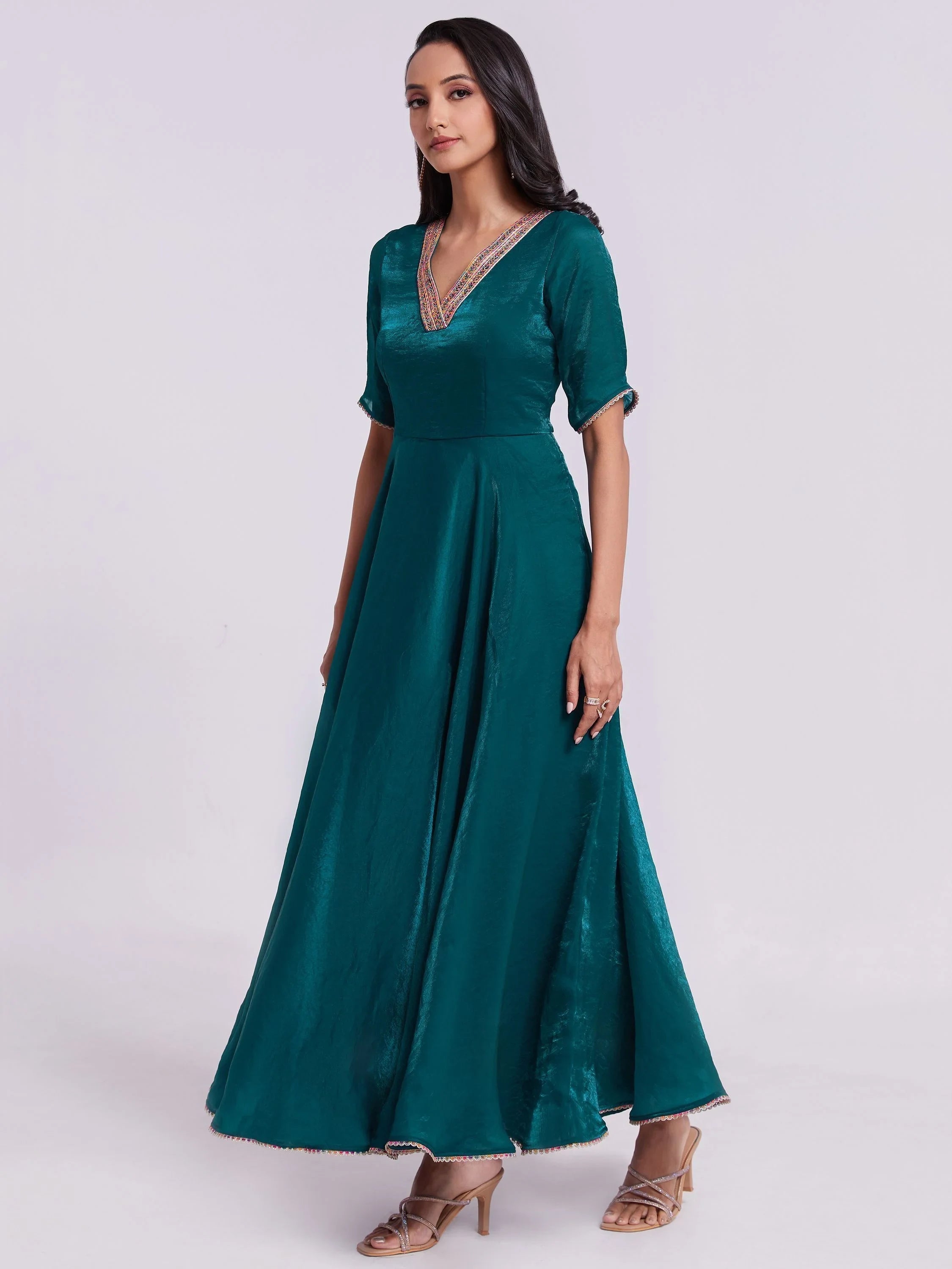 Excellent Teal Blue Lace Work Organza Festival Wear Gown for Women