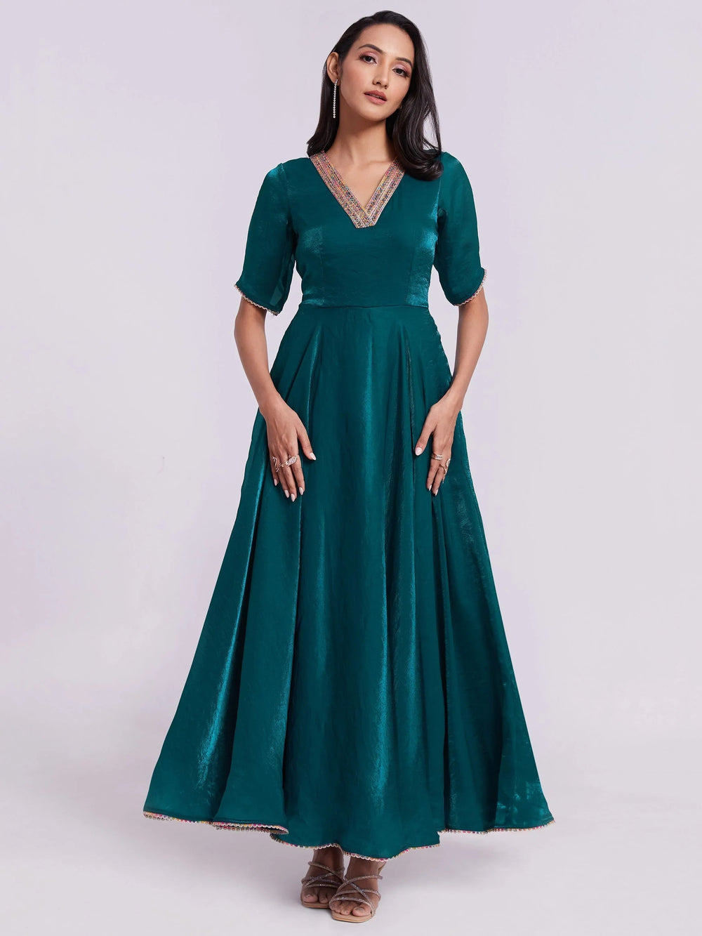 Excellent Teal Blue Lace Work Organza Festival Wear Gown for Women