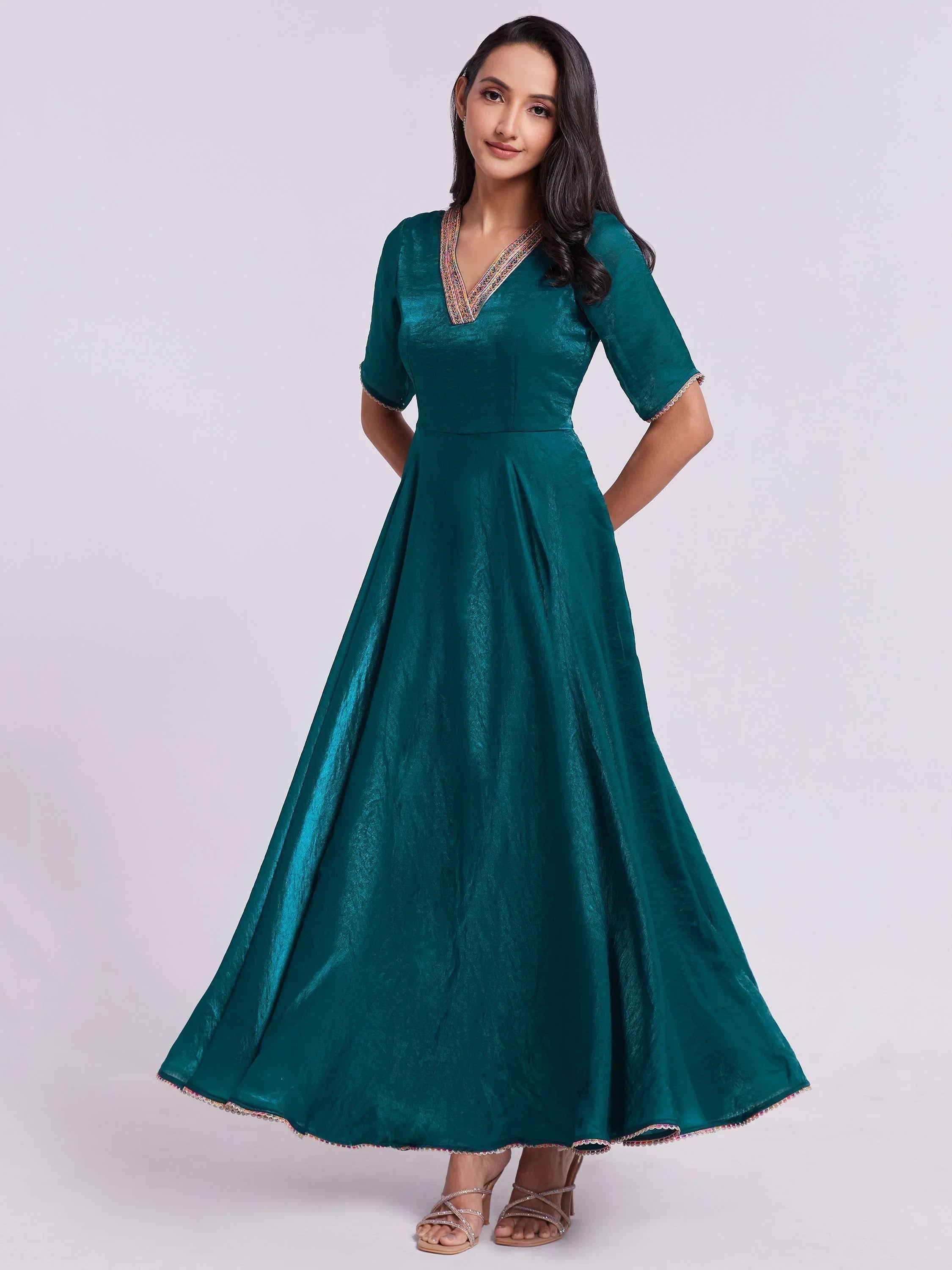 Excellent Teal Blue Lace Work Organza Festival Wear Gown for Women