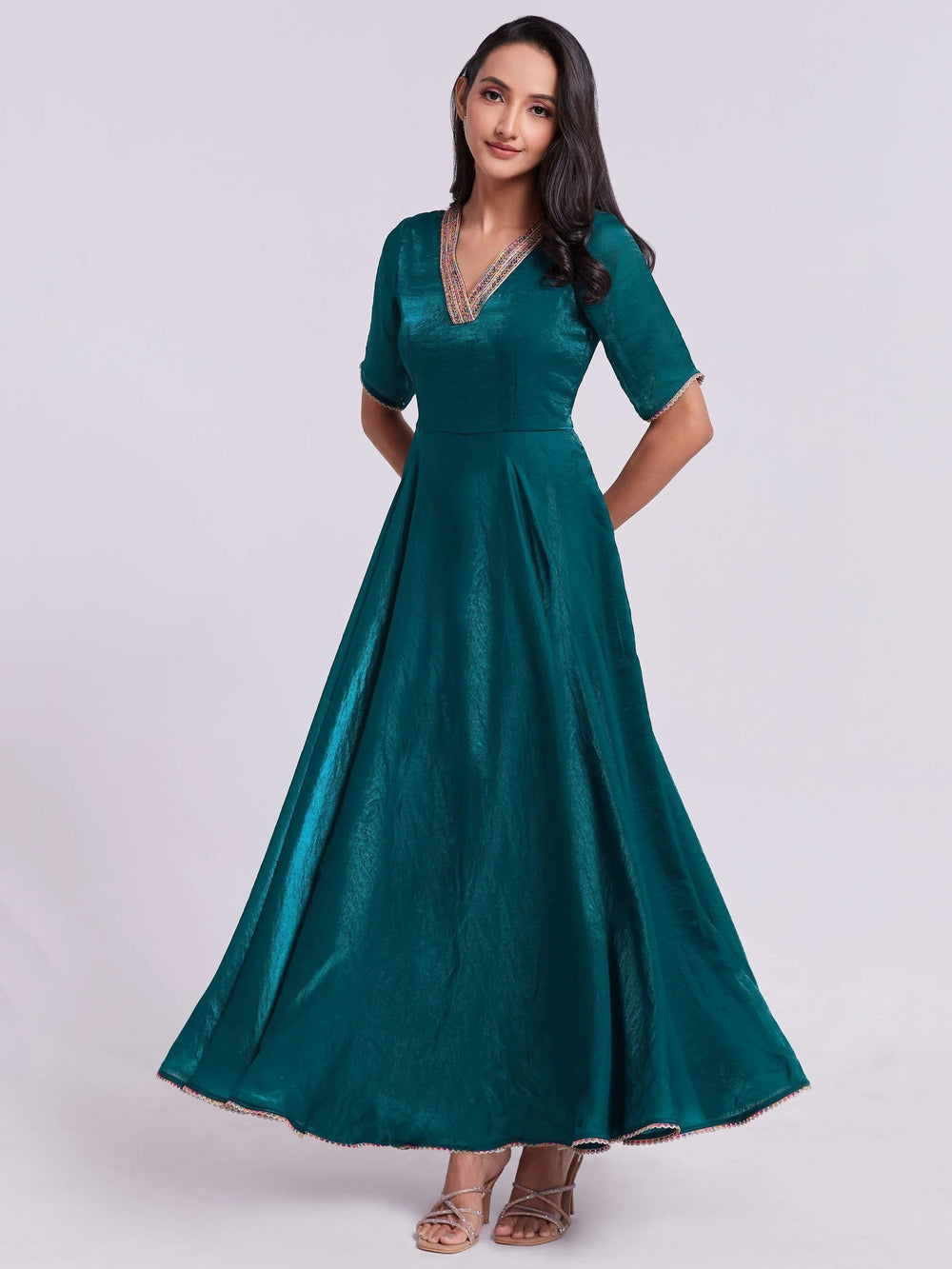 Excellent Teal Blue Lace Work Organza Festival Wear Gown for Women