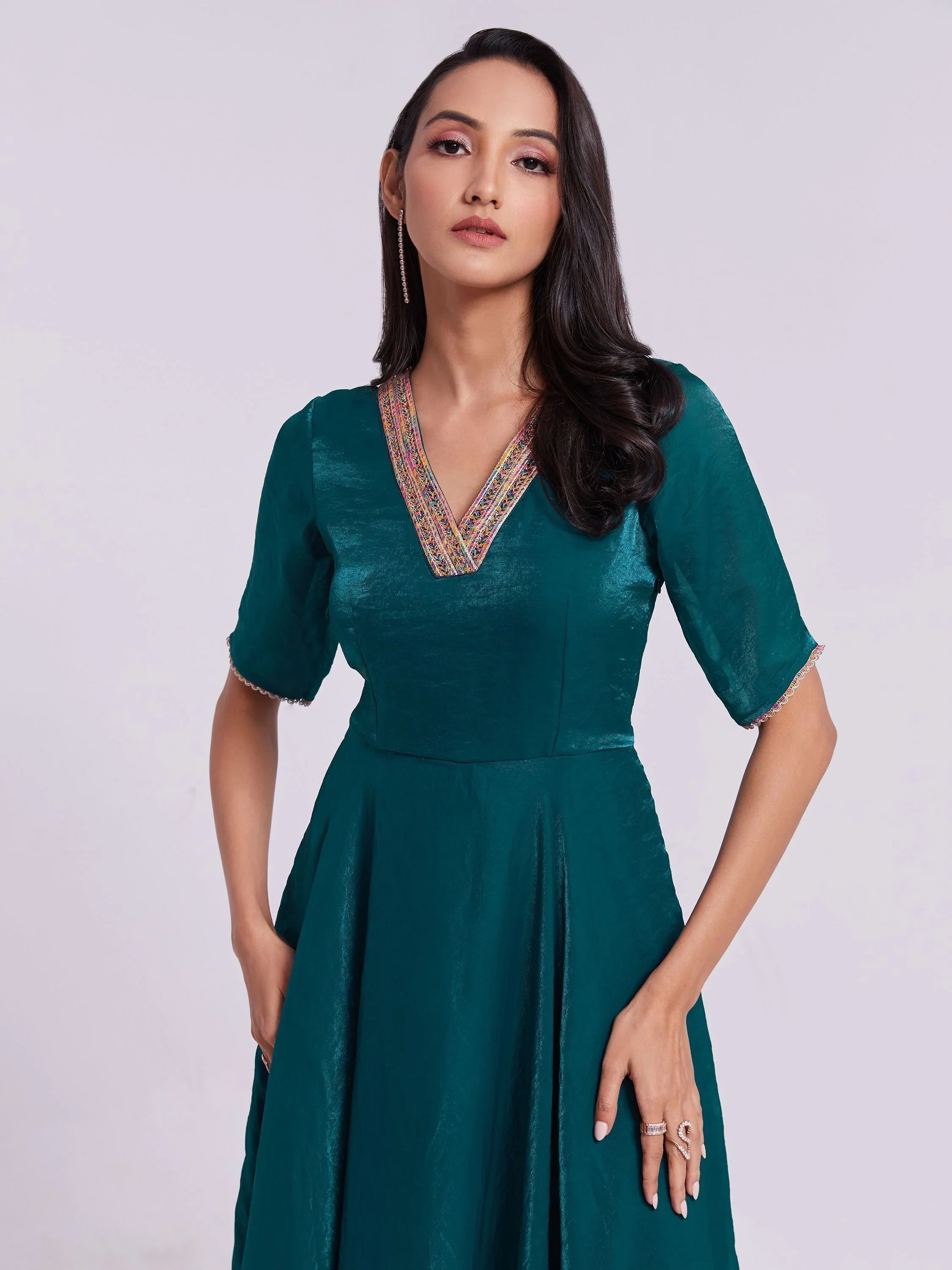 Excellent Teal Blue Lace Work Organza Festival Wear Gown for Women