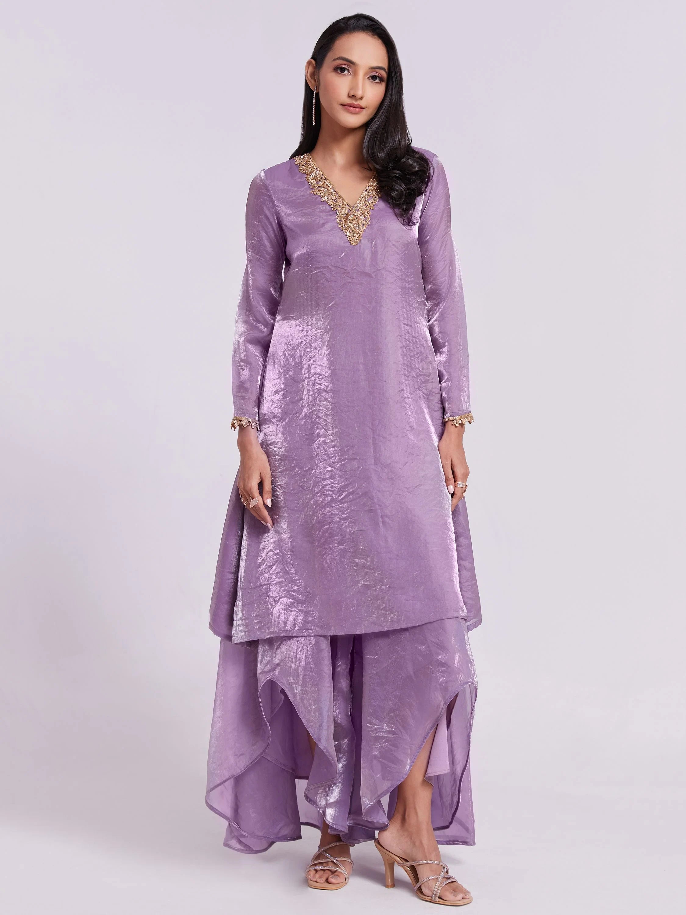 Lilac Organza Designer Kurta With Palazzo Set
