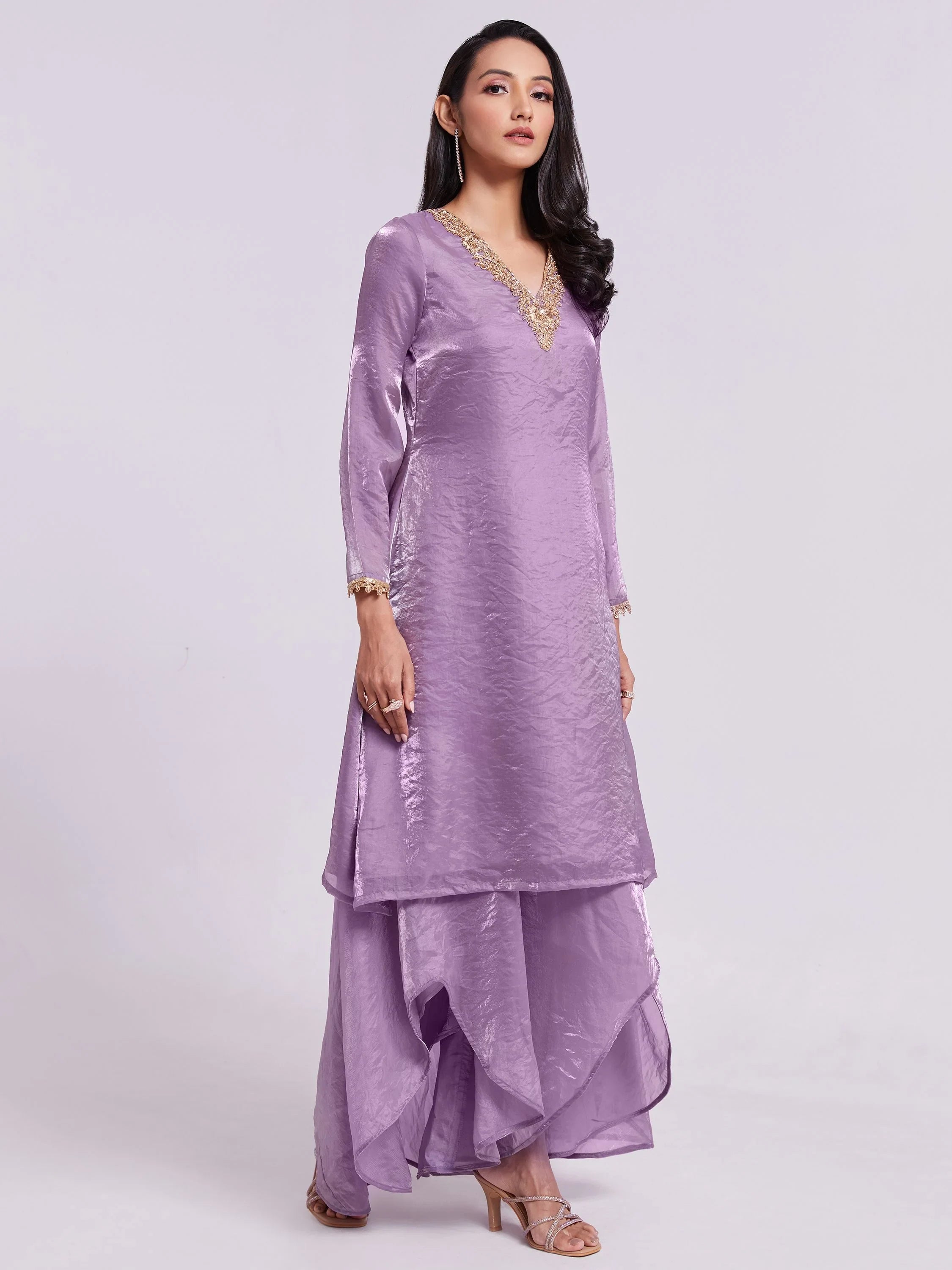 Lilac Organza Designer Kurta With Palazzo Set