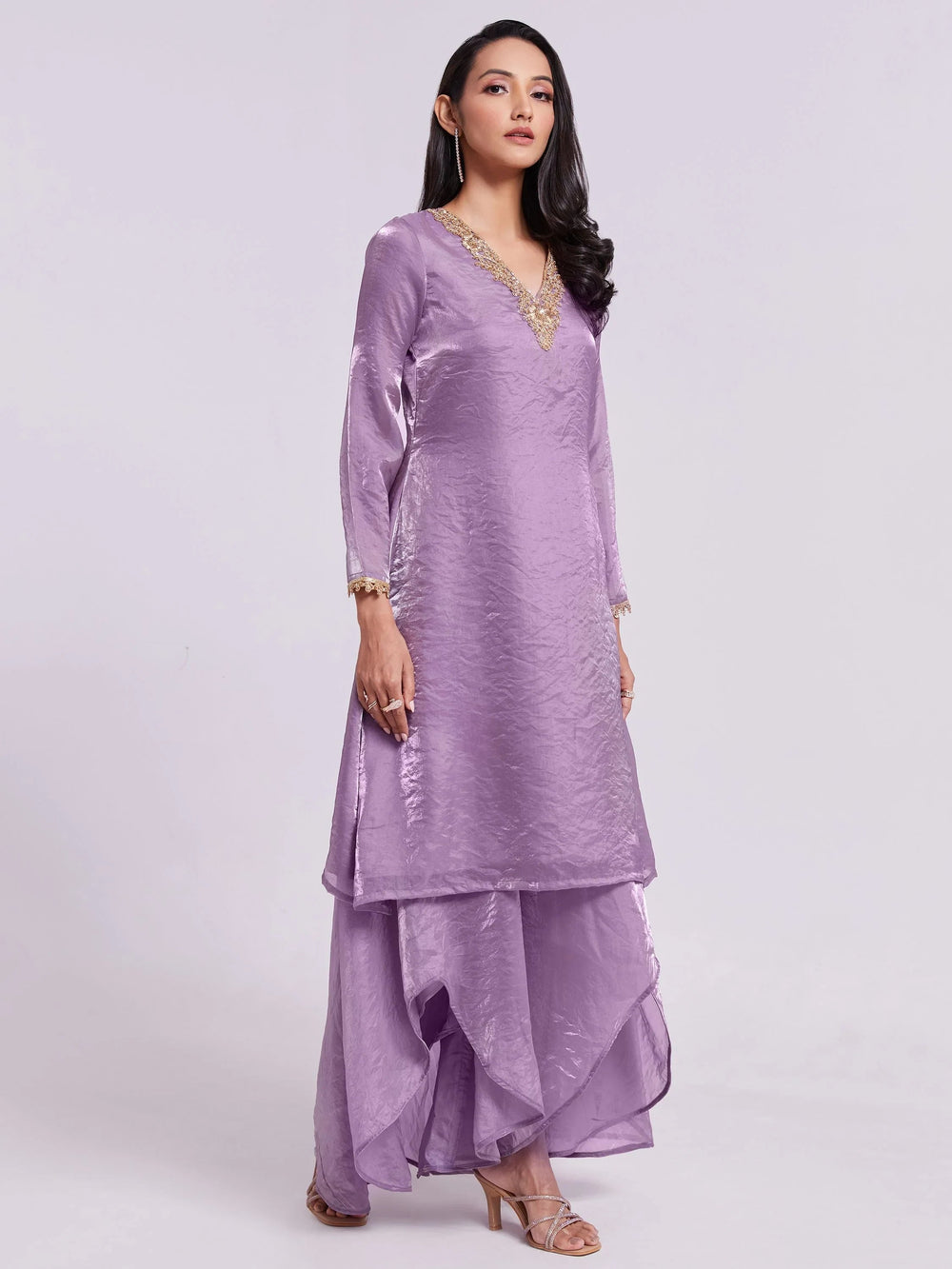 Lilac Organza Designer Kurta With Palazzo Set