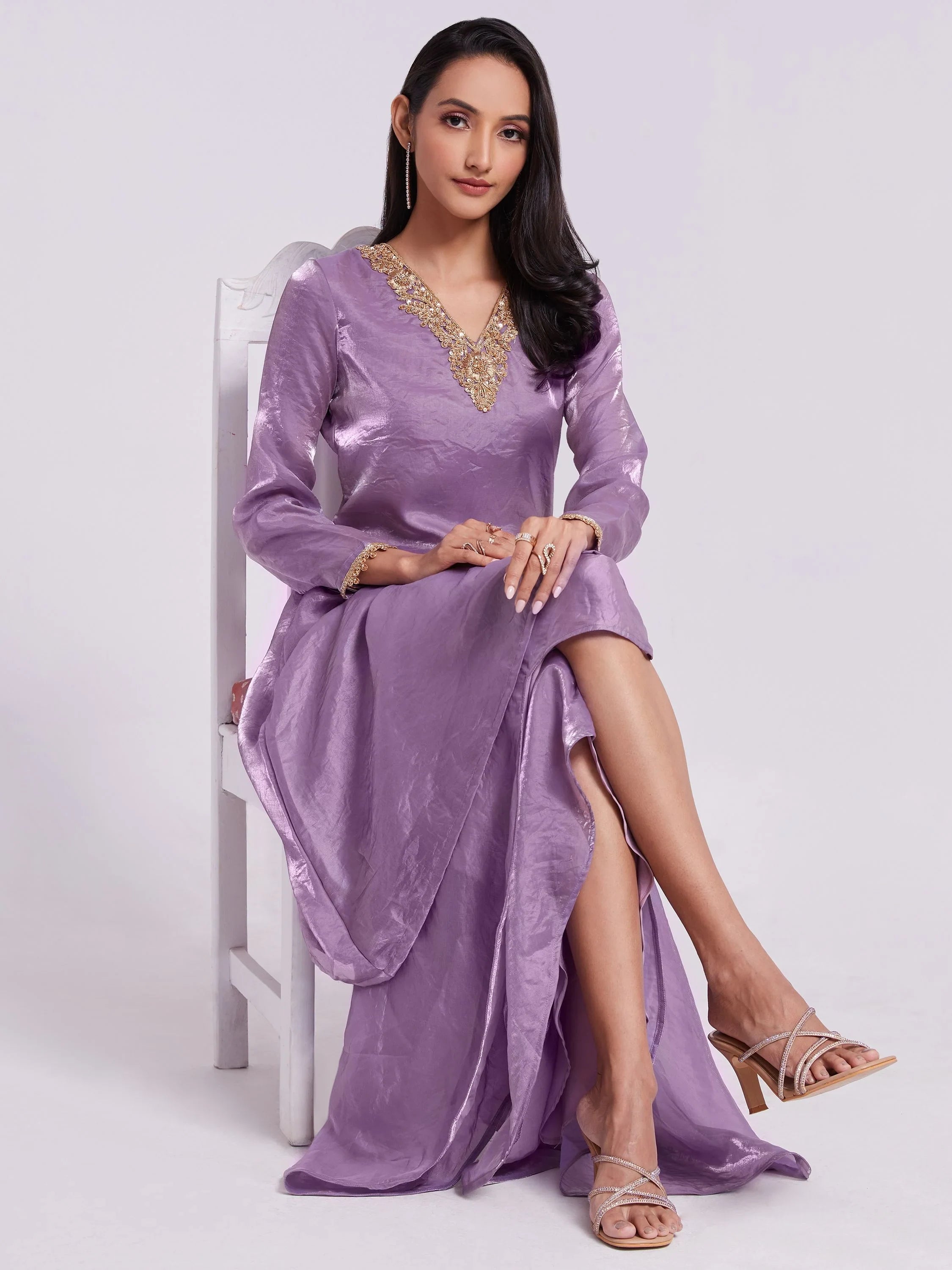 Lilac Organza Designer Kurta With Palazzo Set