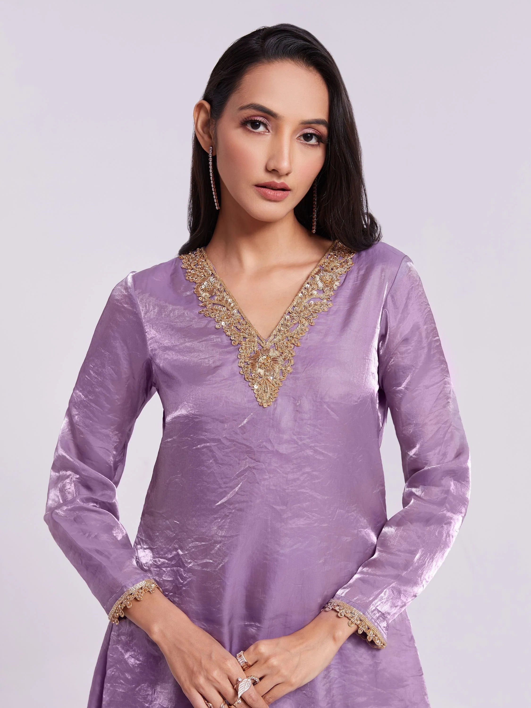 Lilac Organza Designer Kurta With Palazzo Set