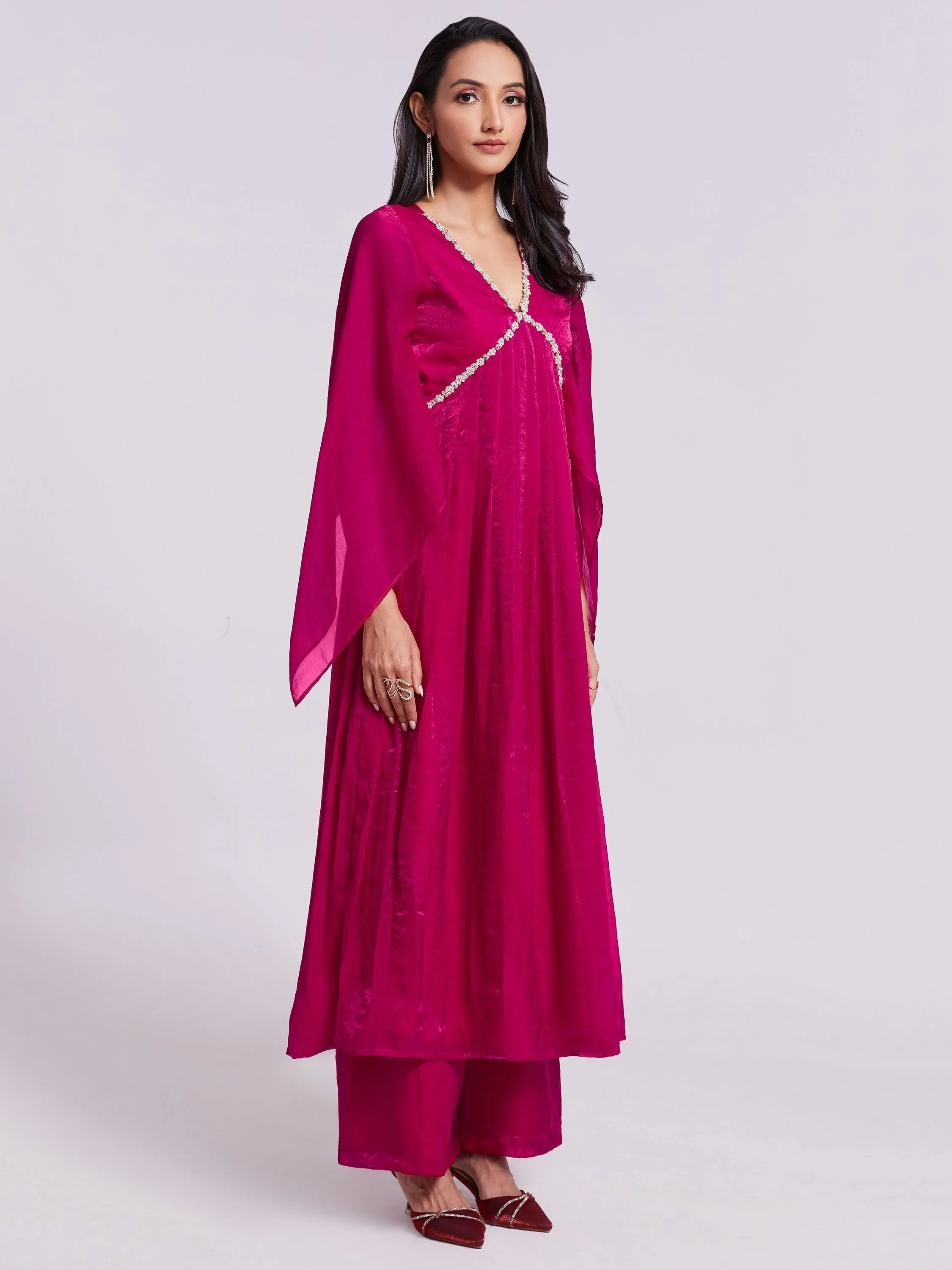 Pink Lace Work Organza Designer Kurta With Palazzo