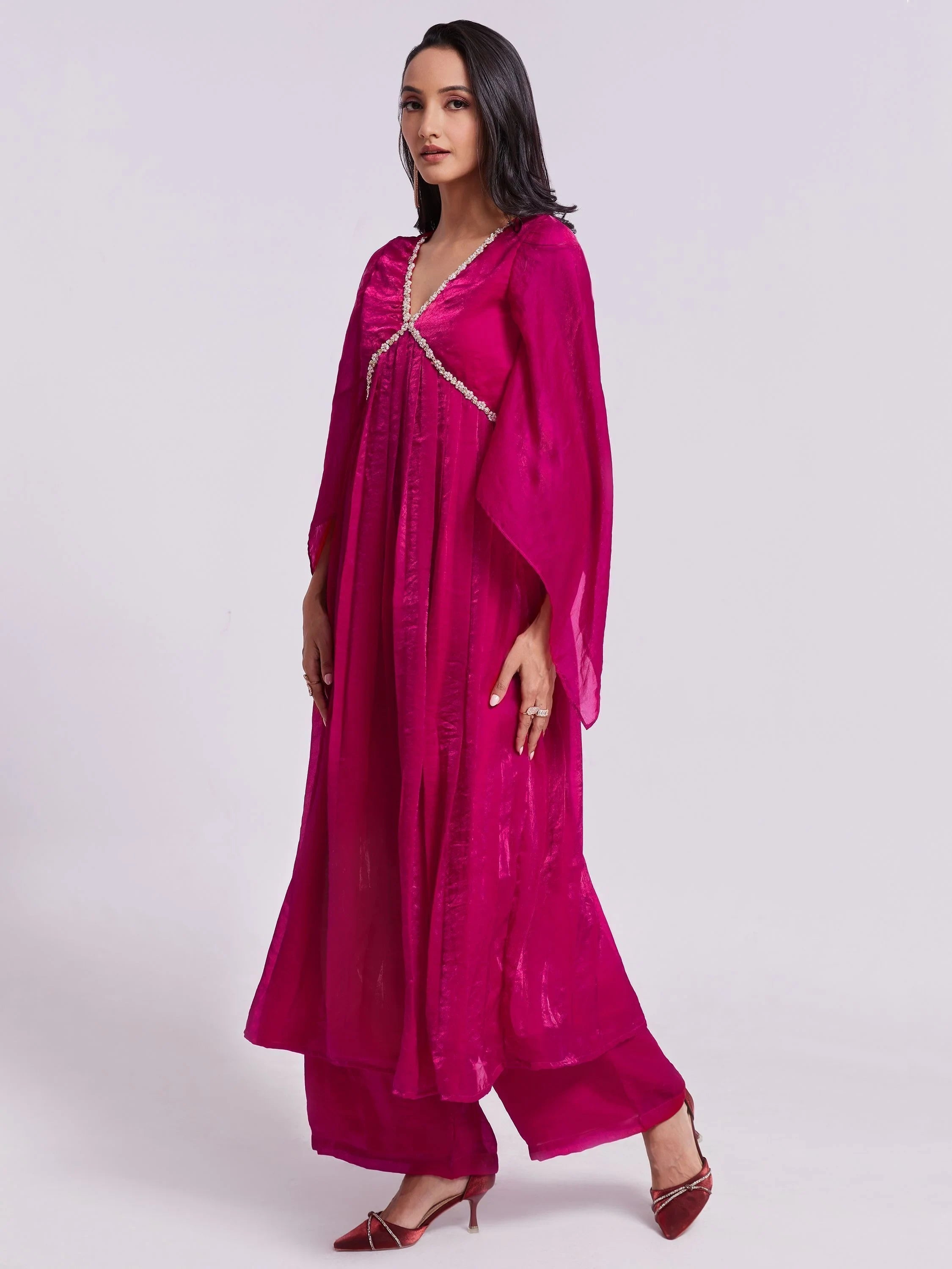 Pink Lace Work Organza Designer Kurta With Palazzo