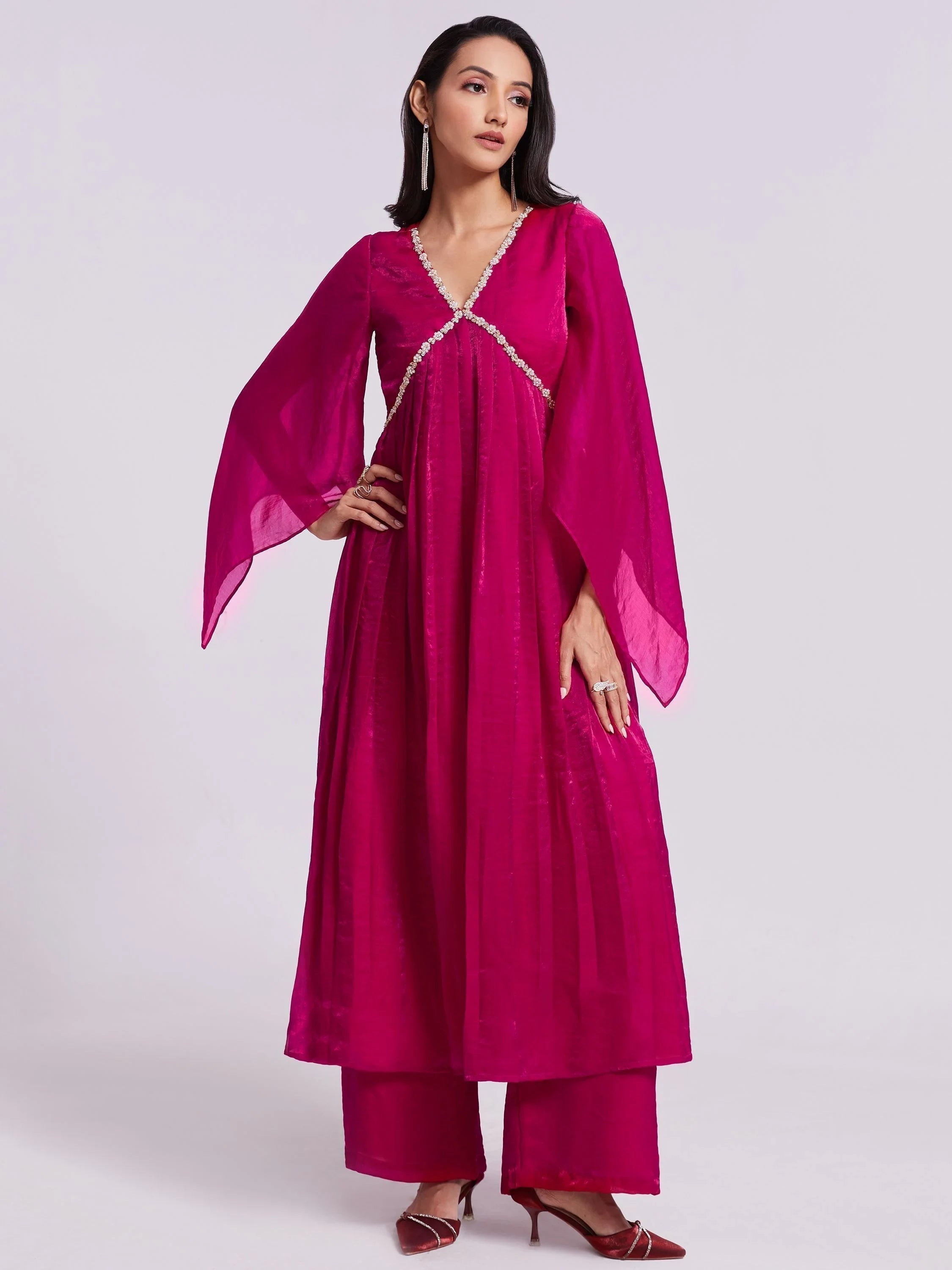 Pink Lace Work Organza Designer Kurta With Palazzo