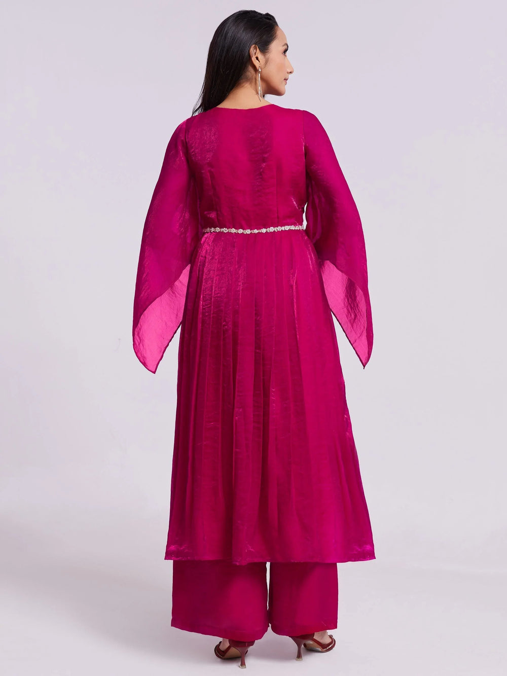 Pink Lace Work Organza Designer Kurta With Palazzo