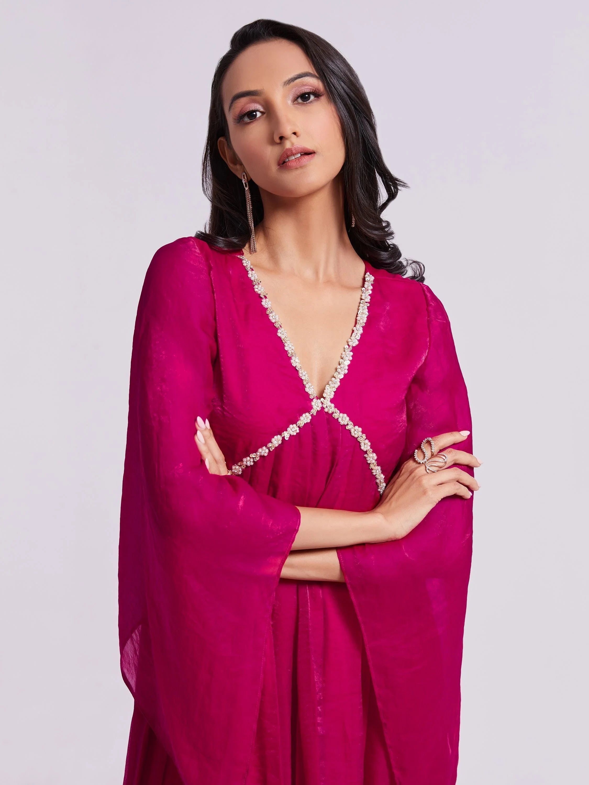 Pink Lace Work Organza Designer Kurta With Palazzo