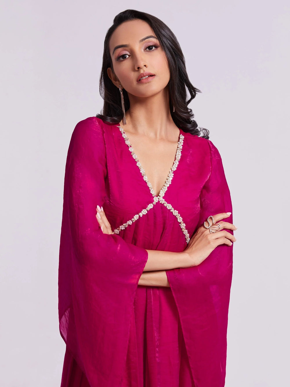 Pink Lace Work Organza Designer Kurta With Palazzo