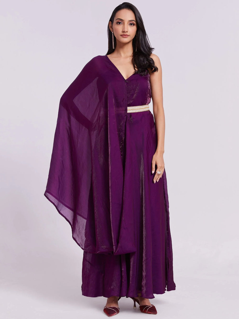 Wine Organza Festival Wear Gown With Dupatta for Women