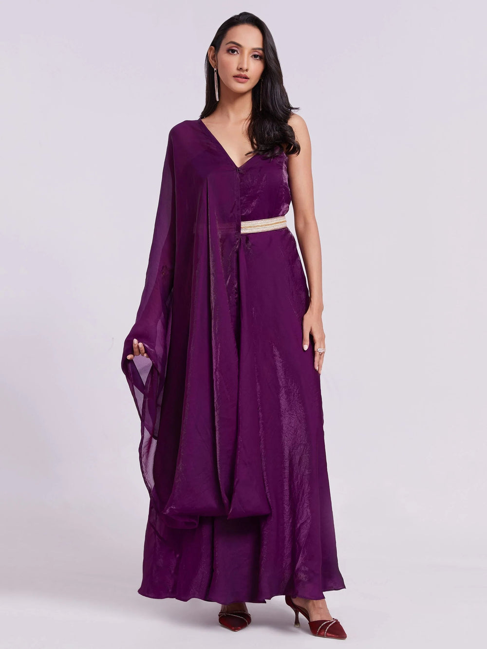 Wine Organza Festival Wear Gown With Dupatta for Women