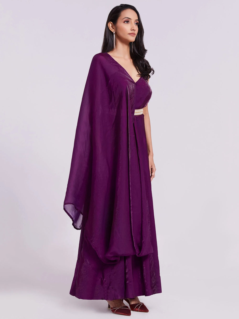Wine Organza Festival Wear Gown With Dupatta for Women