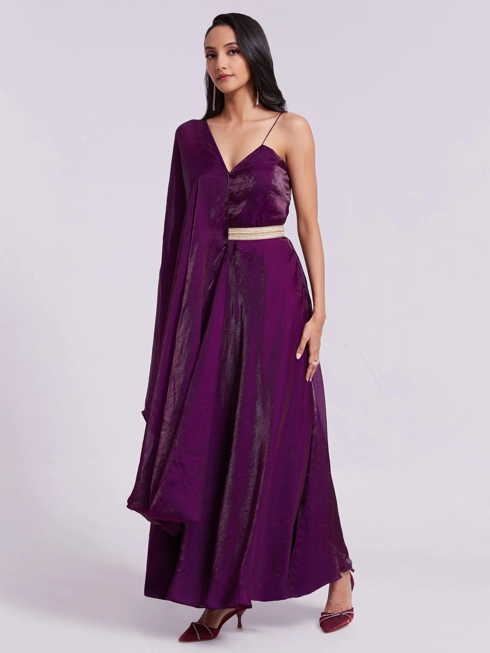 Wine Organza Festival Wear Gown With Dupatta for Women