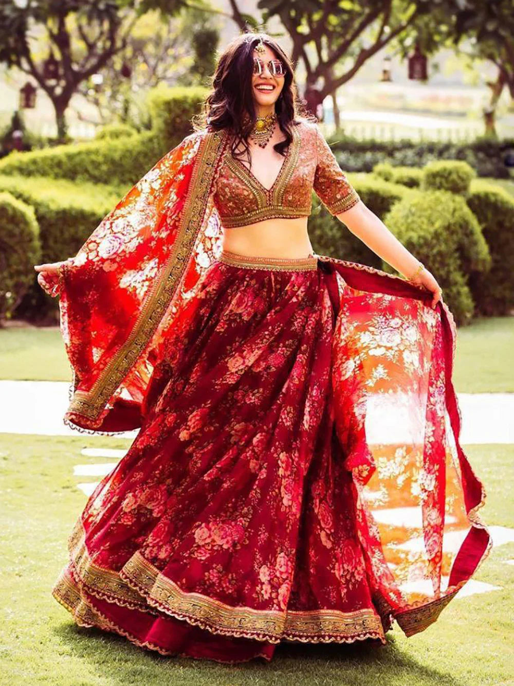 Maroon Floral Printed Organza Bridal Lehenga Choli for Women