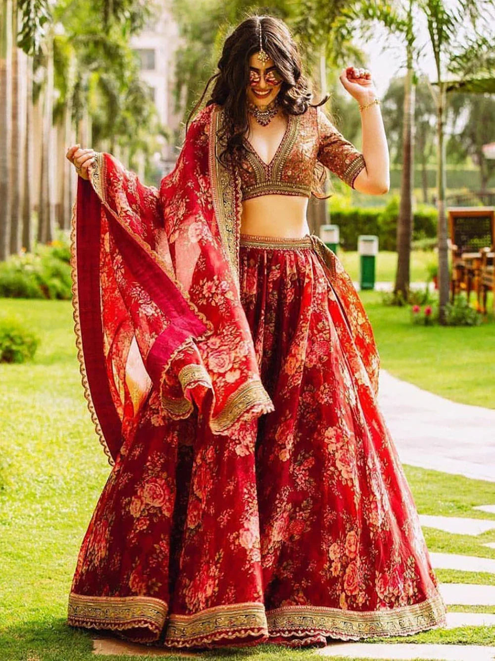 Maroon Floral Printed Organza Bridal Lehenga Choli for Women