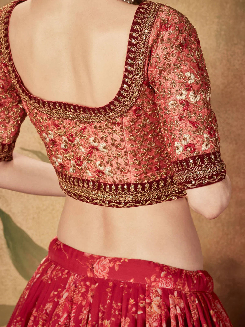 Maroon Floral Printed Organza Bridal Lehenga Choli for Women
