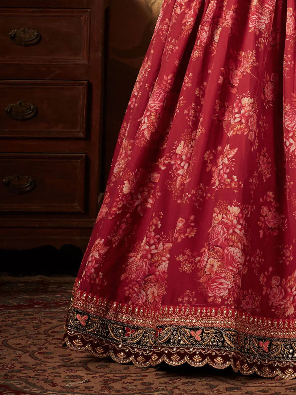Maroon Floral Printed Organza Bridal Lehenga Choli for Women