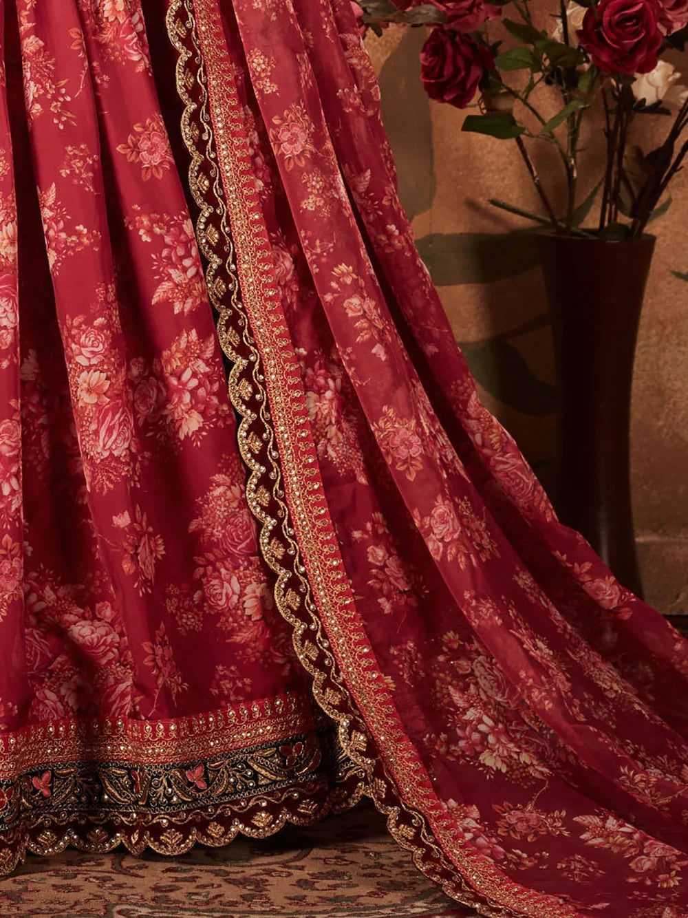 Maroon Floral Printed Organza Bridal Lehenga Choli for Women