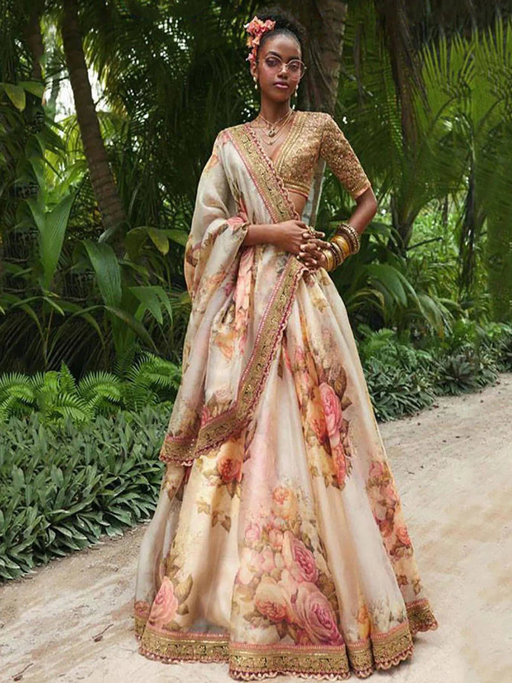 Off White Floral Printed Organza Bridal Lehenga Choli for Women