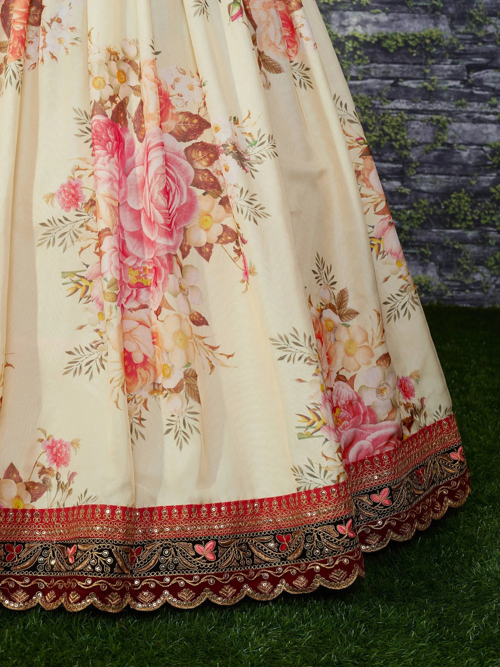 Off White Floral Printed Organza Bridal Lehenga Choli for Women