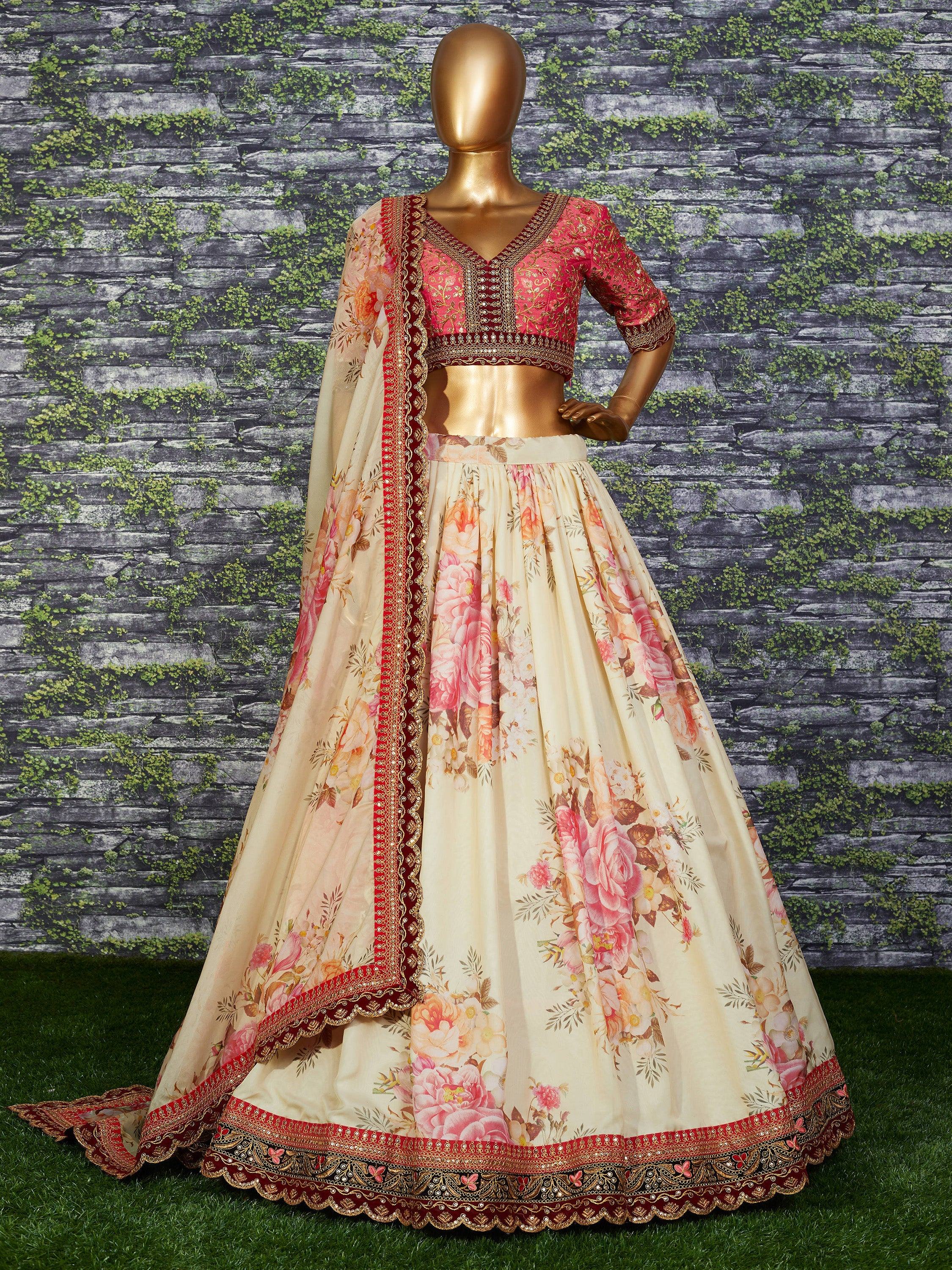 Off White Floral Printed Organza Bridal Lehenga Choli for Women