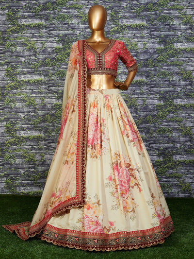 Off White Floral Printed Organza Bridal Lehenga Choli for Women