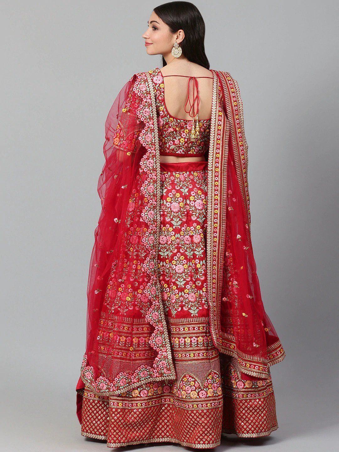 Red & Pink Embroidered Wedding Wear Lehenga Choli with Dupatta