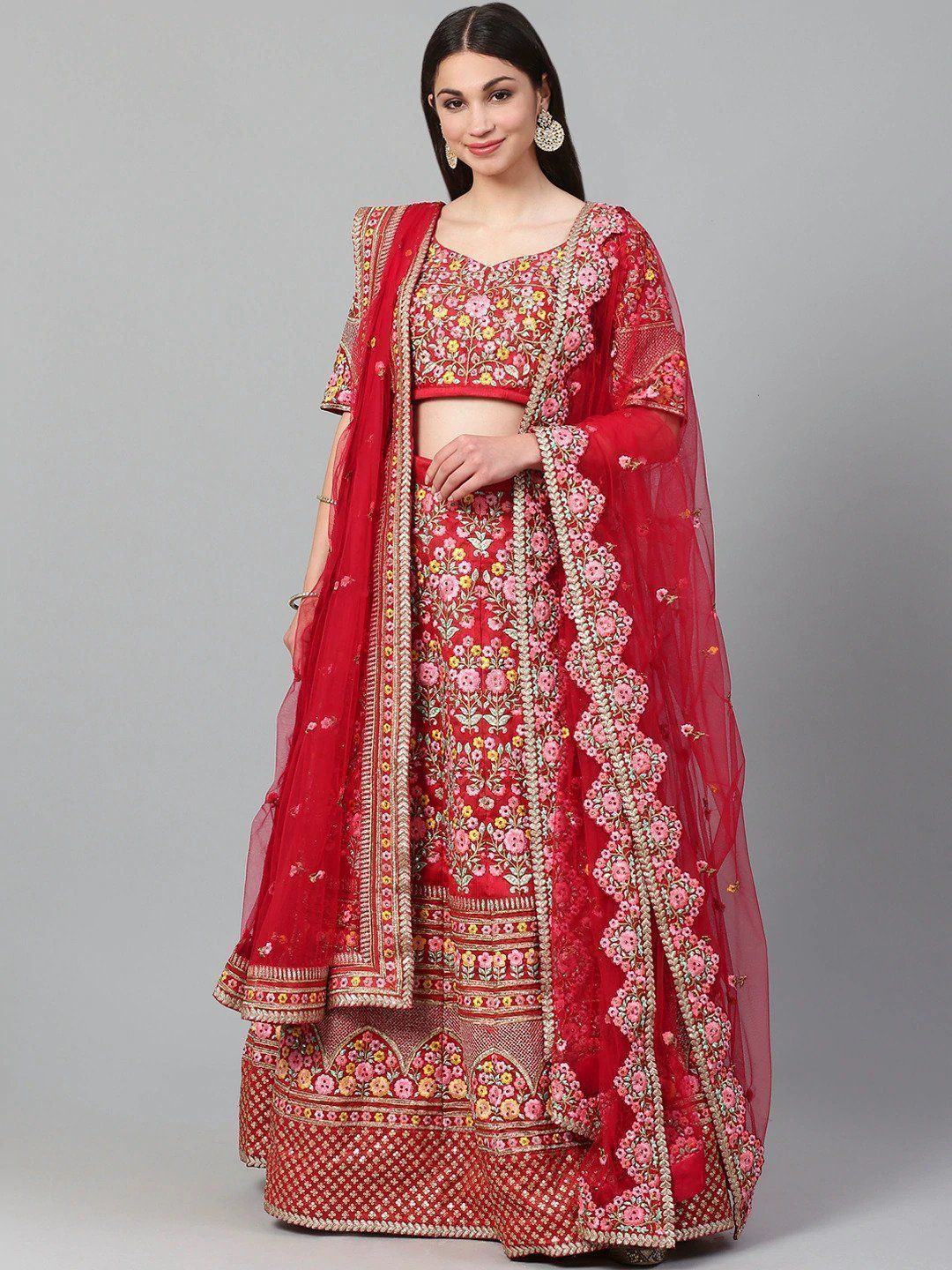 Red & Pink Embroidered Wedding Wear Lehenga Choli with Dupatta