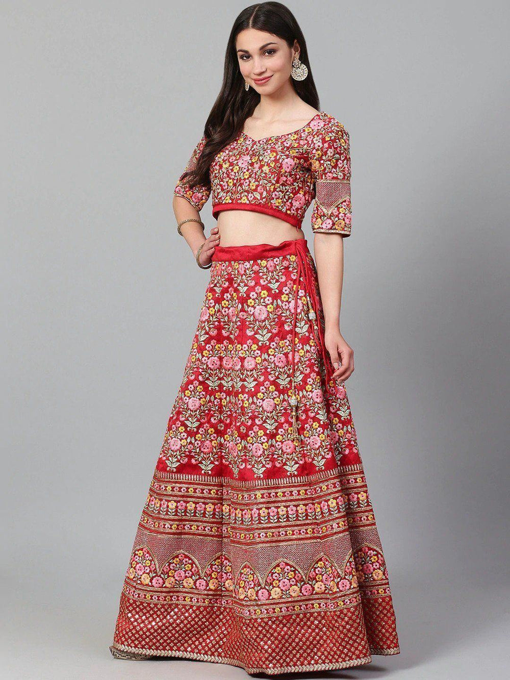 Red & Pink Embroidered Wedding Wear Lehenga Choli with Dupatta