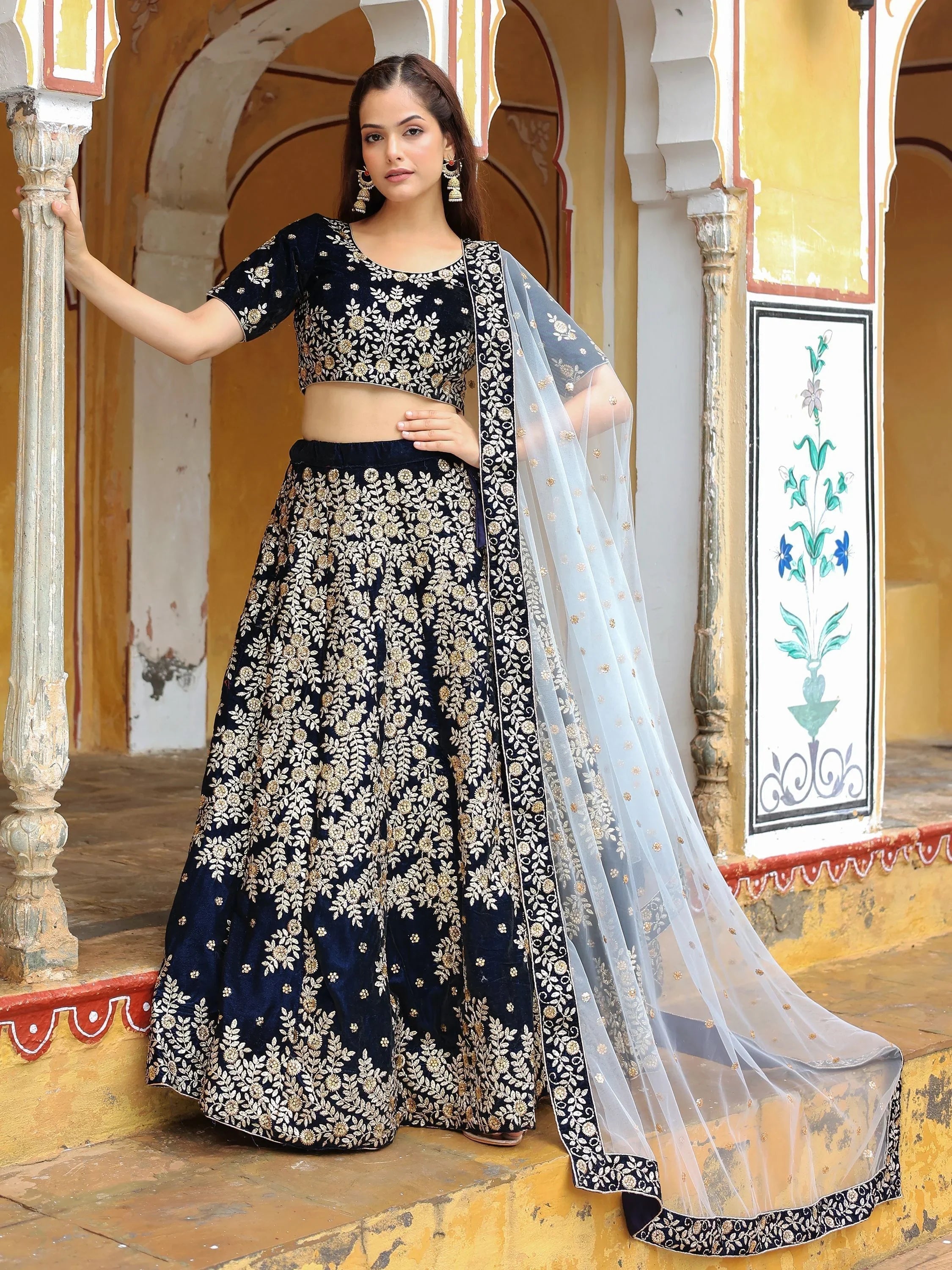 Velvet lehenga choli with embroidery and sequins work for wedding and reception