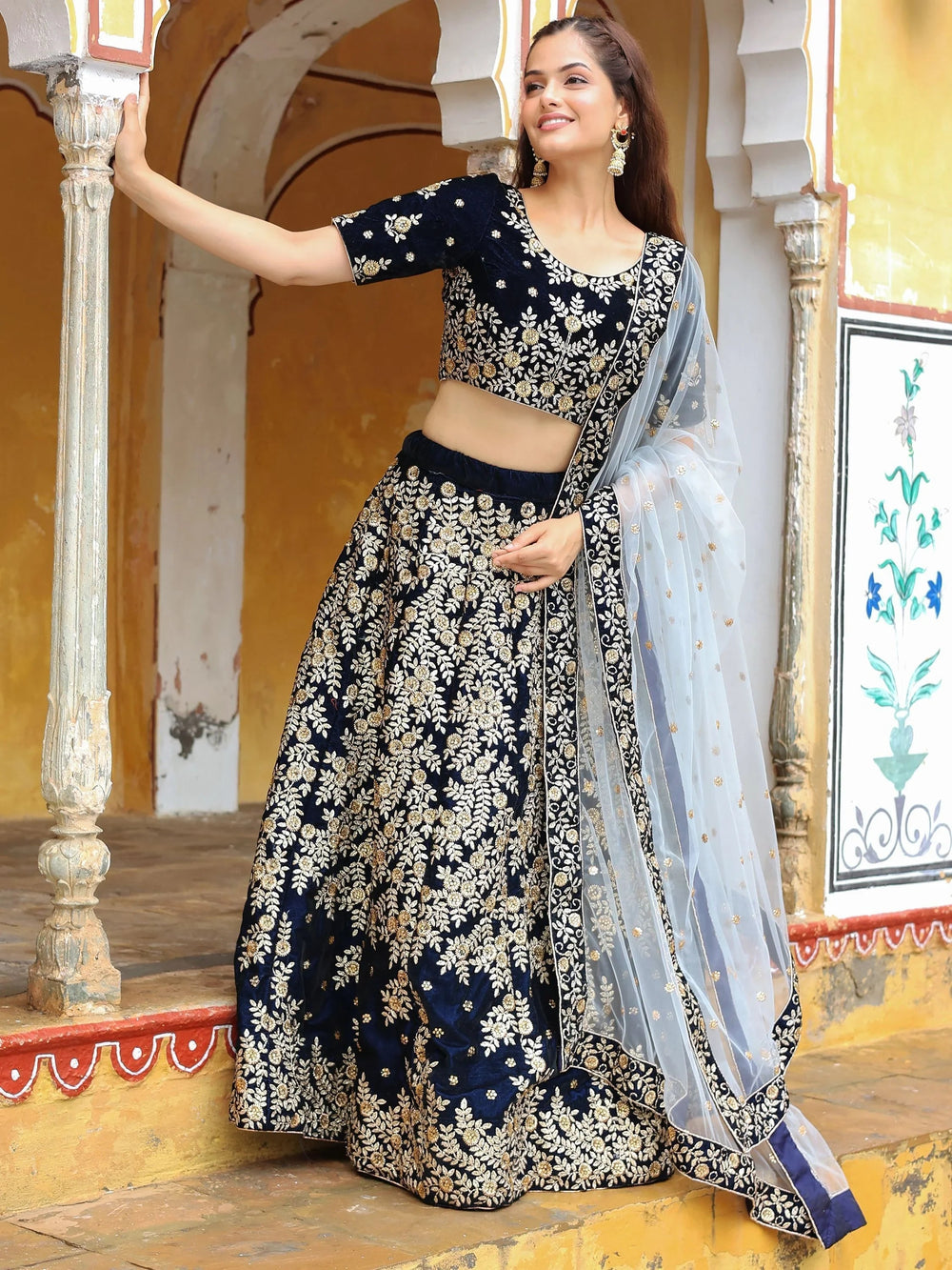 Velvet lehenga choli with embroidery and sequins work for wedding and reception