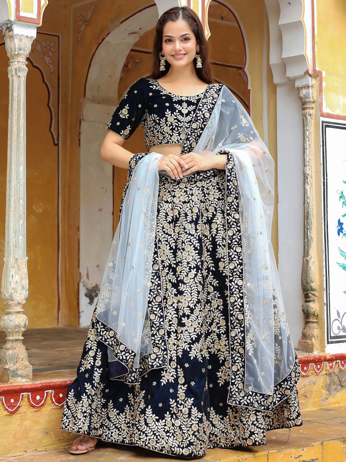 Velvet lehenga choli with embroidery and sequins work for wedding and reception