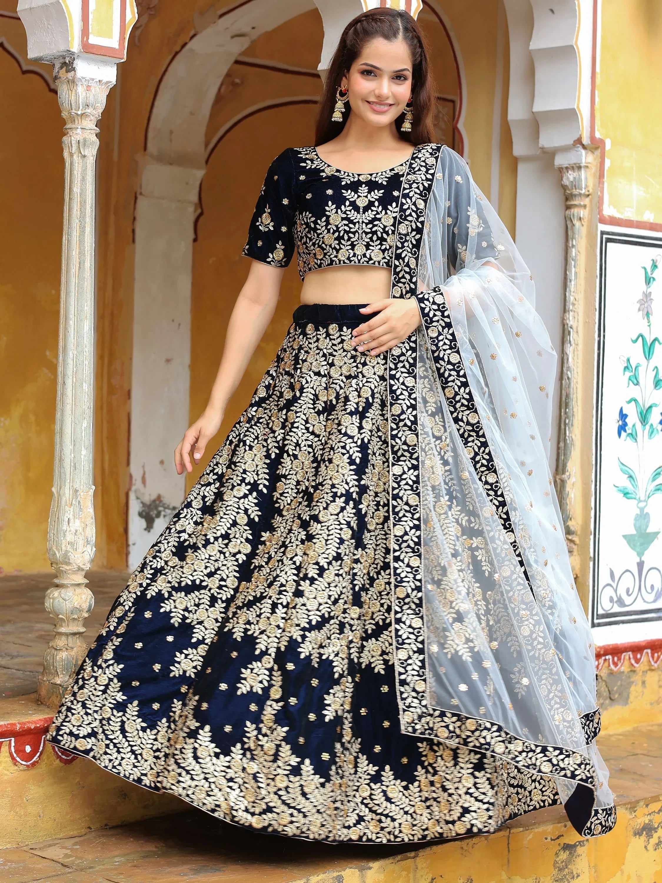 Velvet lehenga choli with embroidery and sequins work for wedding and reception
