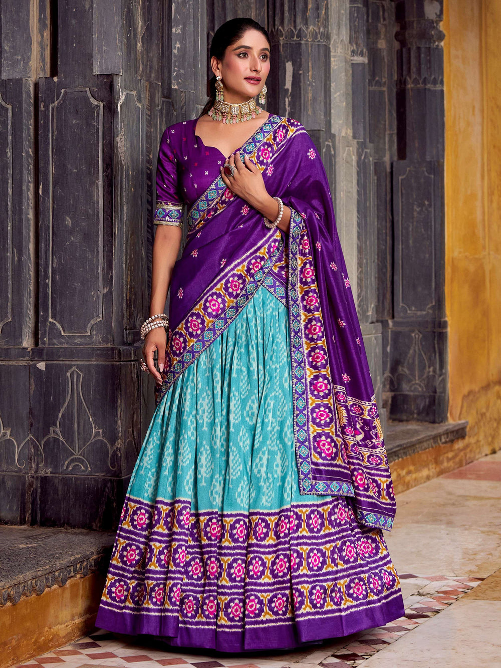 Sky Blue Silk Ikkat Printed Festival Wear Lehenga Choli